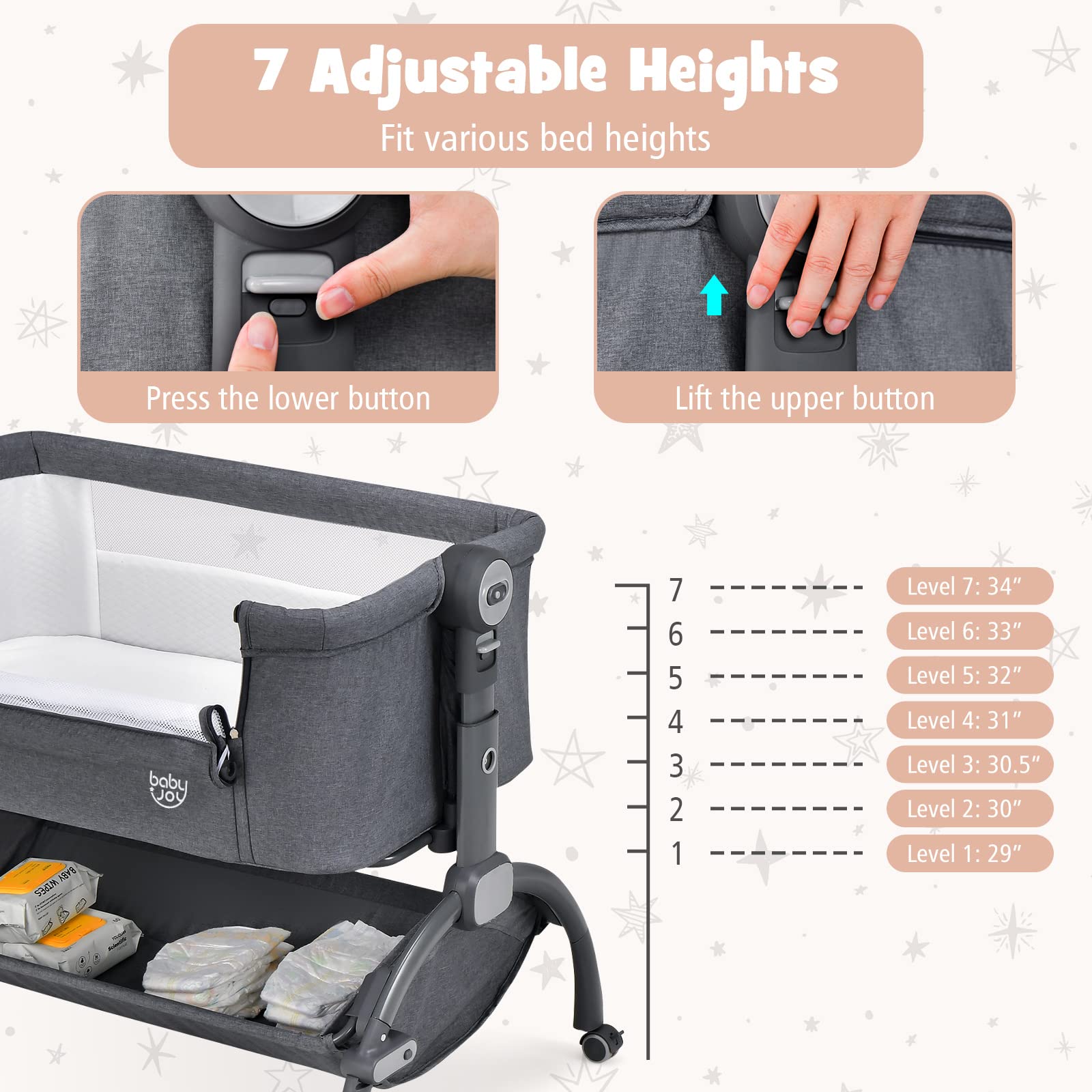 HONEY JOY 3-in-1 Portable Baby Bassinet & Bedside Sleeper with Soft Mattress, Storage Basket & Carry Bag - Adjustable Height Crib for Newborns, Infant Travel Crib with 4 Lockable Wheels (Gray) | Perfect for Nursery, Bedroom Co-Sleeping & Family Travel