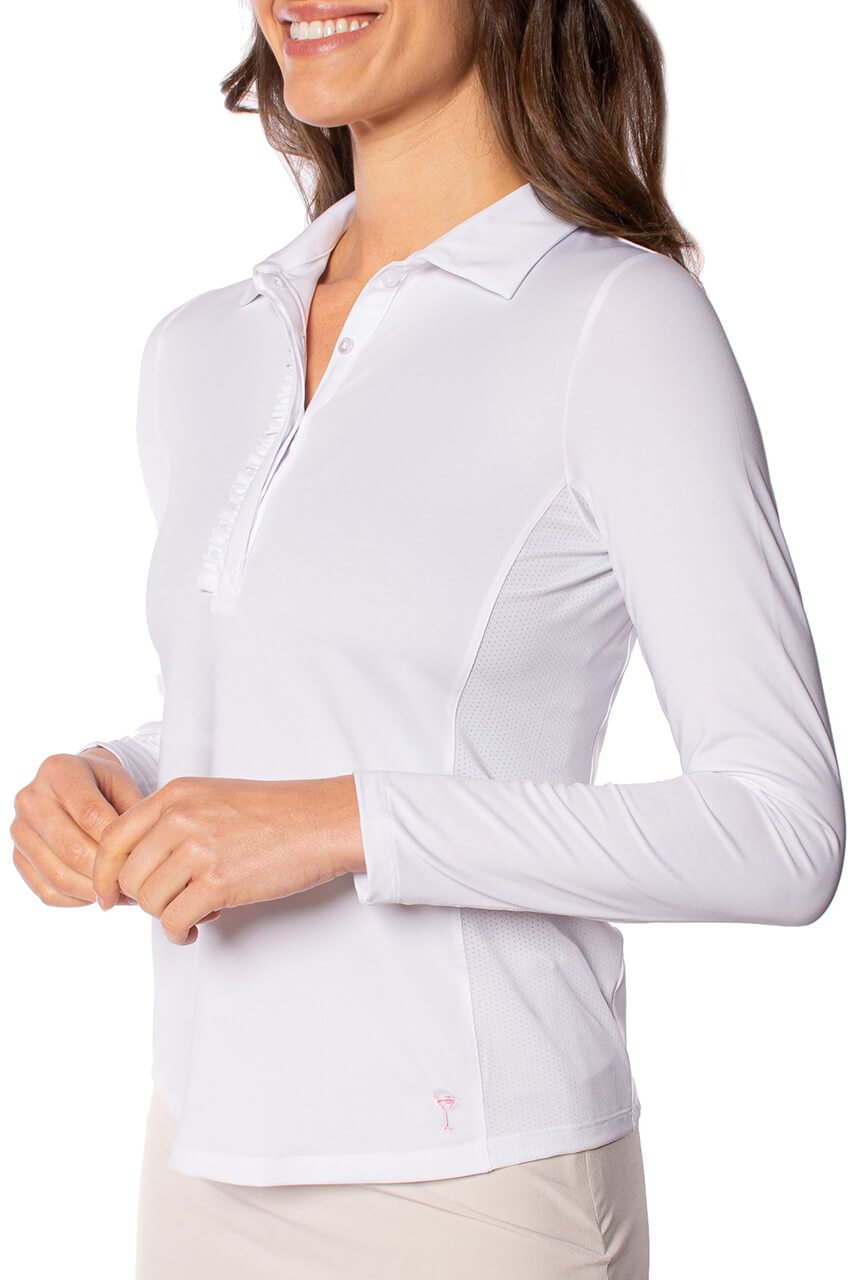 Women's White Long Sleeve Ruffle Polo Shirt - Elegant Casual Blouse for Work, Office & Spring Outfits