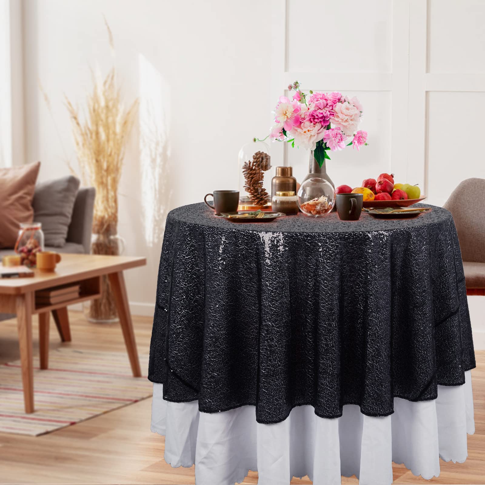 DUOBAO 60 Inch Round Sequin Tablecloth - Black Glitter Table Cover for Birthday, Wedding, Christmas Party Decorations | Perfect for Dining Tables, Banquets & Holiday Celebrations