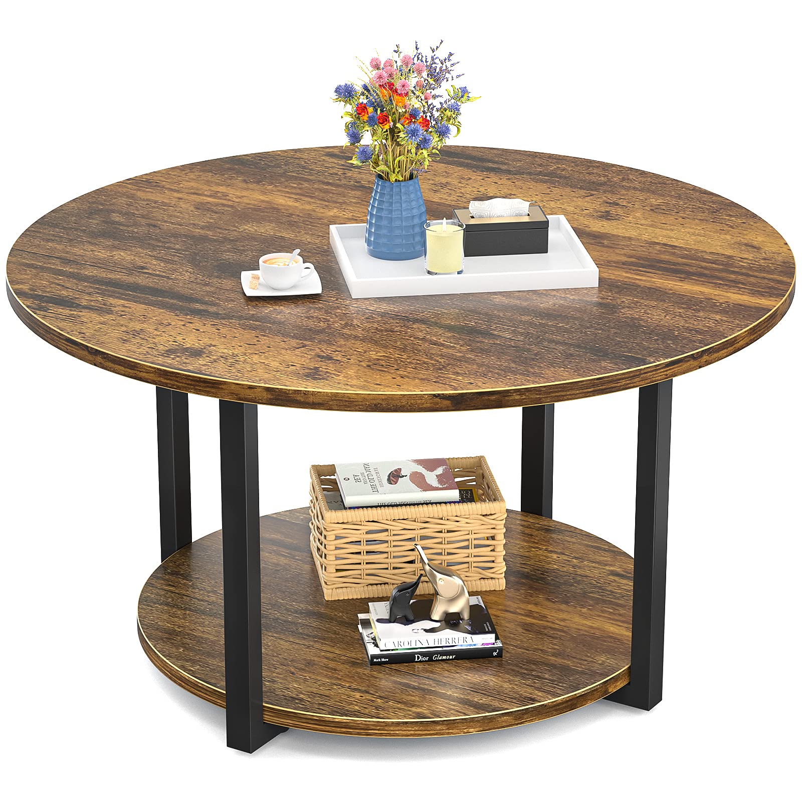 Rustic Round Coffee Table with Storage - 2-Tier Industrial Wood Center Table for Living Room, Coffee Bar & Patio | Easy Assembly Home Decor Furniture for Small Spaces & Modern Farmhouse Style
