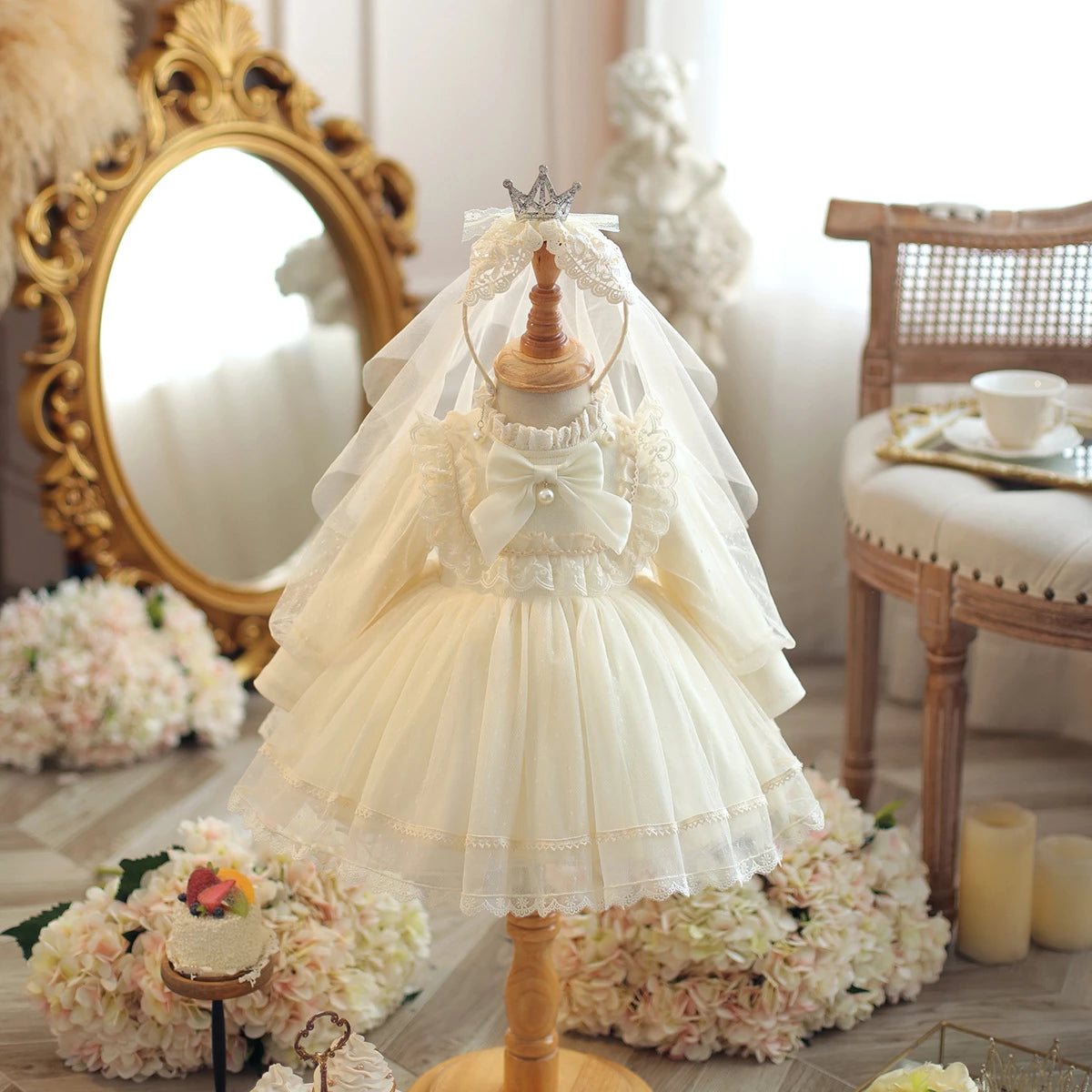 Ivory Princess Mock Neck Tea Length Tulle Flower Girl Dress - Perfect for Weddings, Pageants & Special Occasions