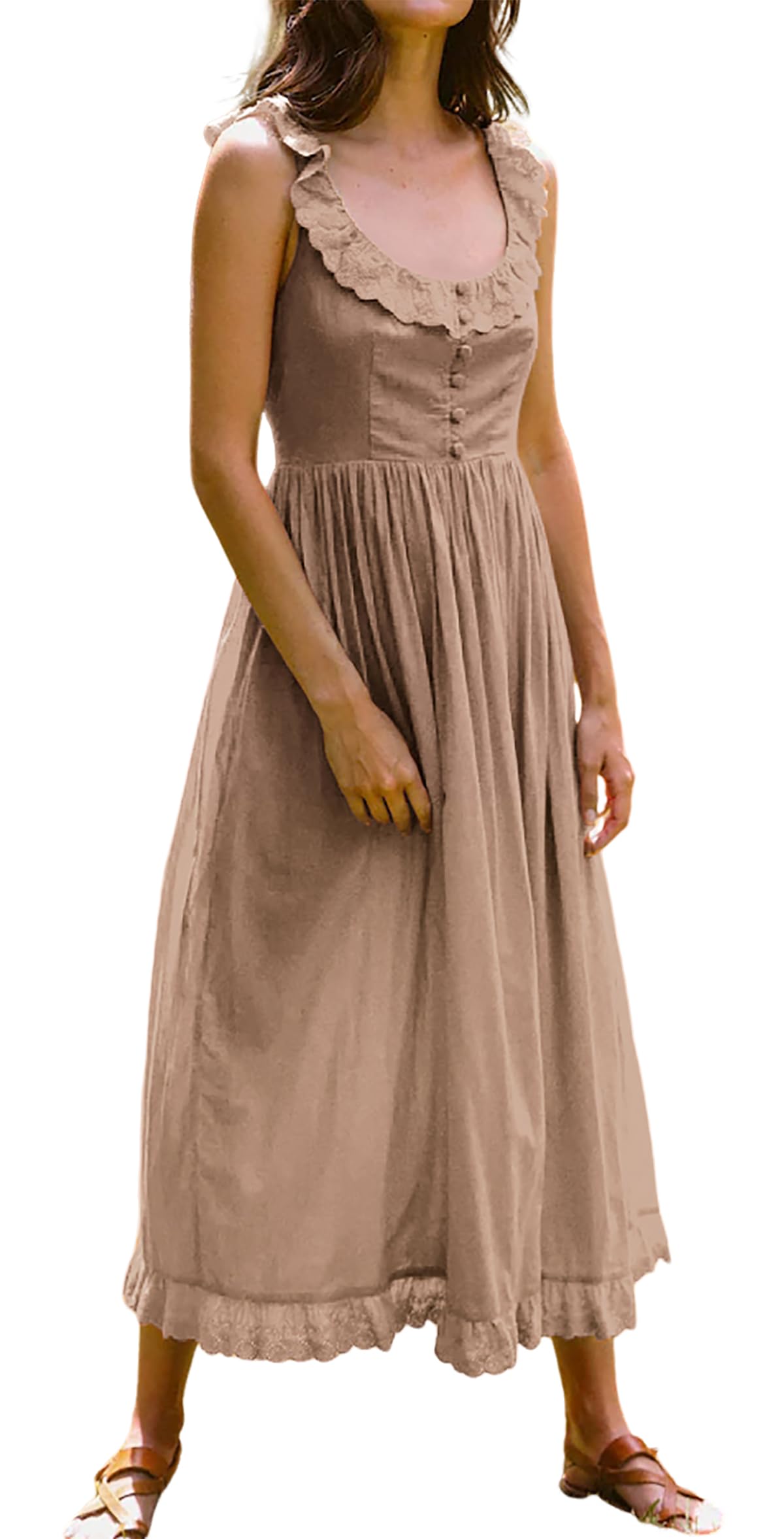 R.Vivimos Women's Summer Cotton Sleeveless Midi Dress with Vintage Lace Trim - Button Up Tie Waist A-Line Flowy Long Dress for Casual Wear, Beach Vacation, and Summer Outings