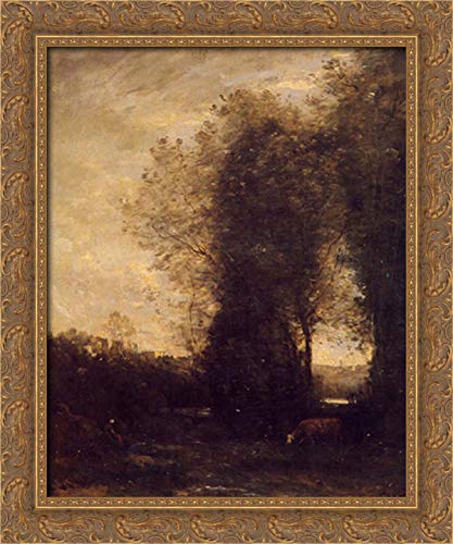 Jean Baptiste Camille Corot 'A Cow And Its Keeper' 20x24 Inch Gold Ornate Wood Framed Canvas Art - Perfect for Living Room, Bedroom, or Office Wall Decor