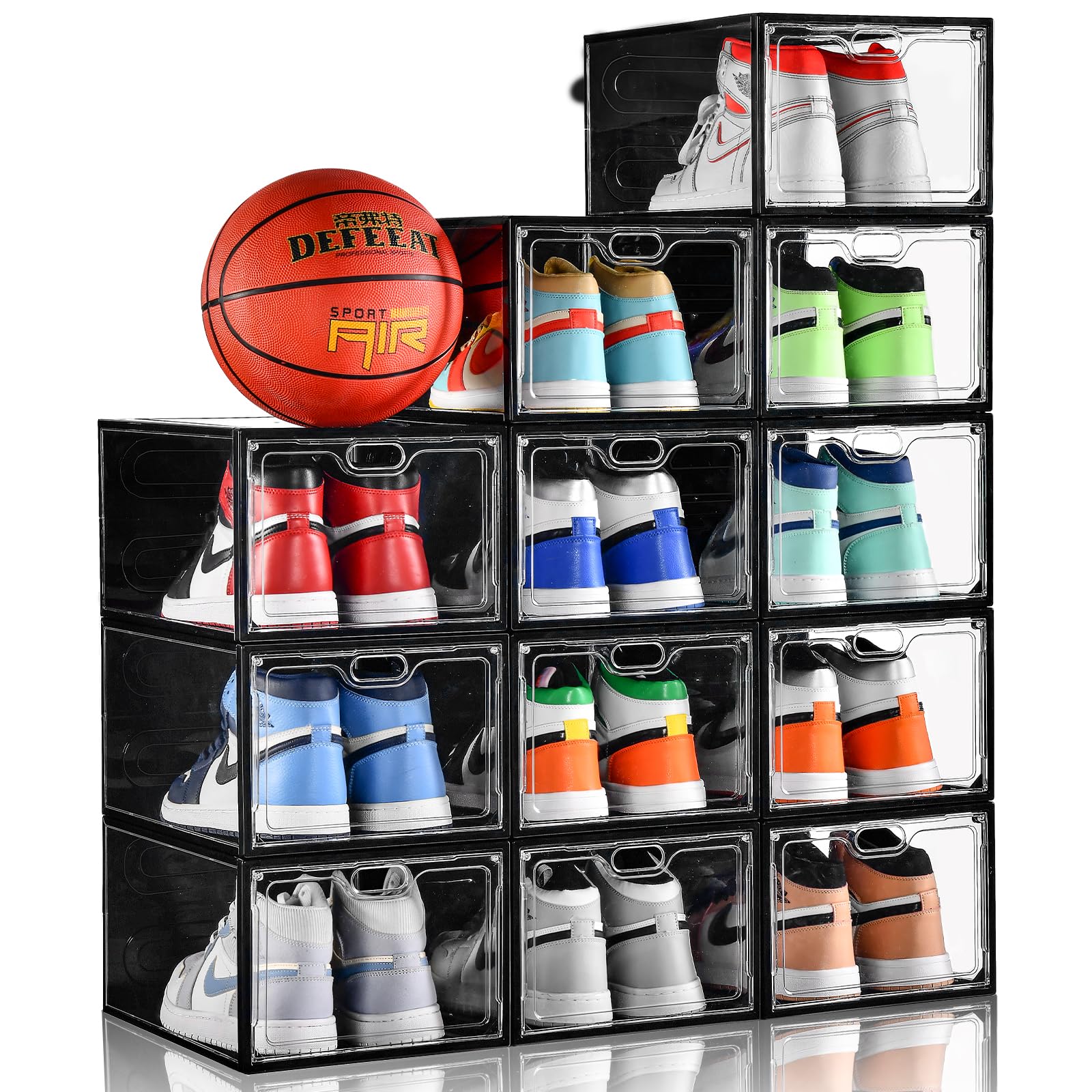 12 Pack Clear Large Shoe Storage Boxes with Magnetic Door - Stackable Shoe Organizer for Sneaker Display | Fits Up to US Size 12 | Easy Assembly Transparent Shoe Containers | Perfect for Closet Organization, Shoe Collection Display & Home Storage Solutions
