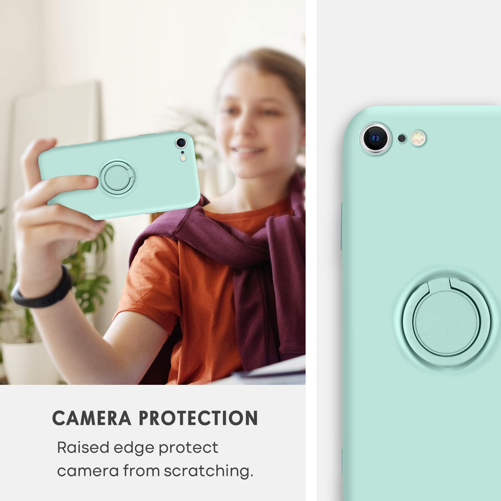Premium Slim Silicone Shockproof Case for iPhone SE 2022/2020/8/7 - Soft Rubber Hybrid Protection with 360° Ring Kickstand - Mint Green Phone Cover for Women & Girls - Perfect for Daily Use, Travel & Outdoor Activities