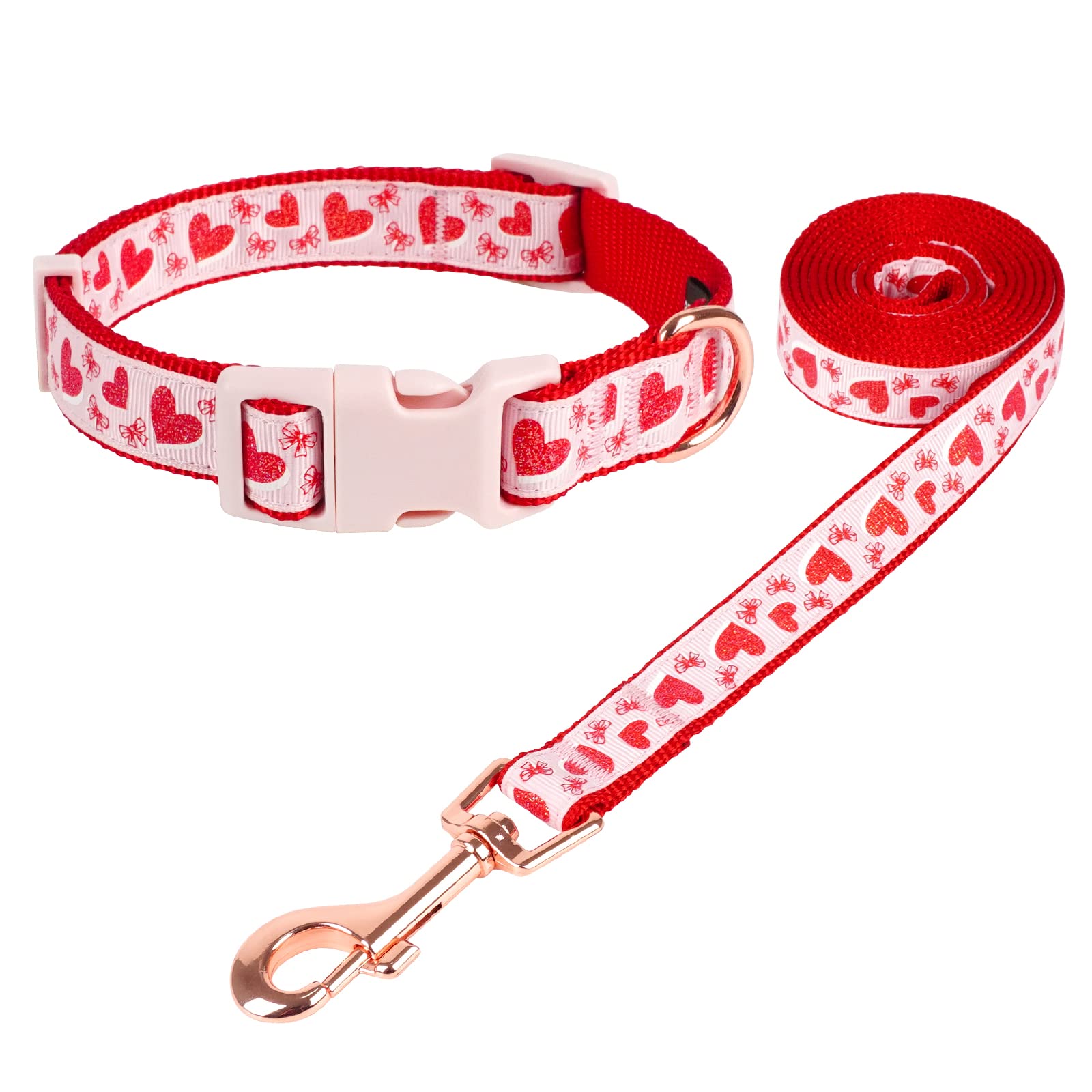 Valentine's Day Dog Collar & Leash Set - Adjustable Pink Glitter Collar with Red Heart Pattern, Matching Leash for Small Dogs | Perfect Valentine's Gift for Puppies, Dog Walking & Special Occasions