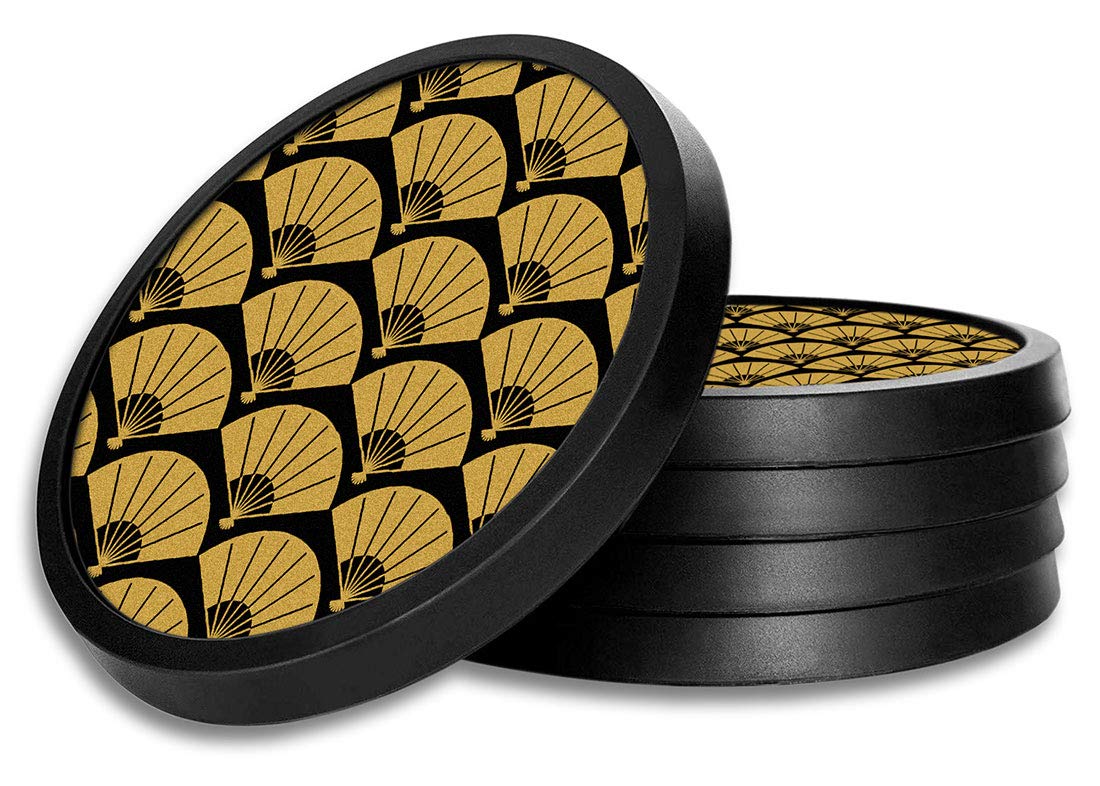 Premium Non-Slip Silicone Drink Coasters Set of 4 with Removable Absorbent Felt Pads - Gold Fan Design - Perfect for Home, Office, and Party Use