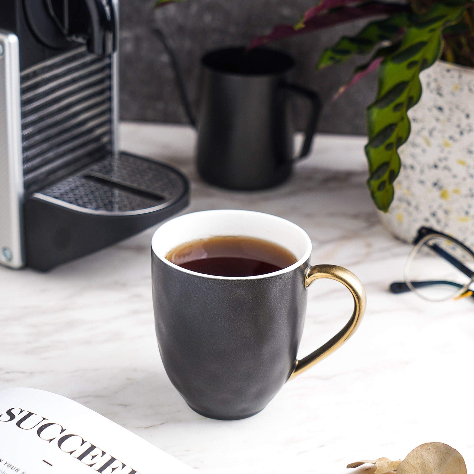 Premium Black Florian Porcelain Coffee Mug - Elegant Ceramic Tea Cup for Home, Office & Gifts - Dishwasher & Microwave Safe