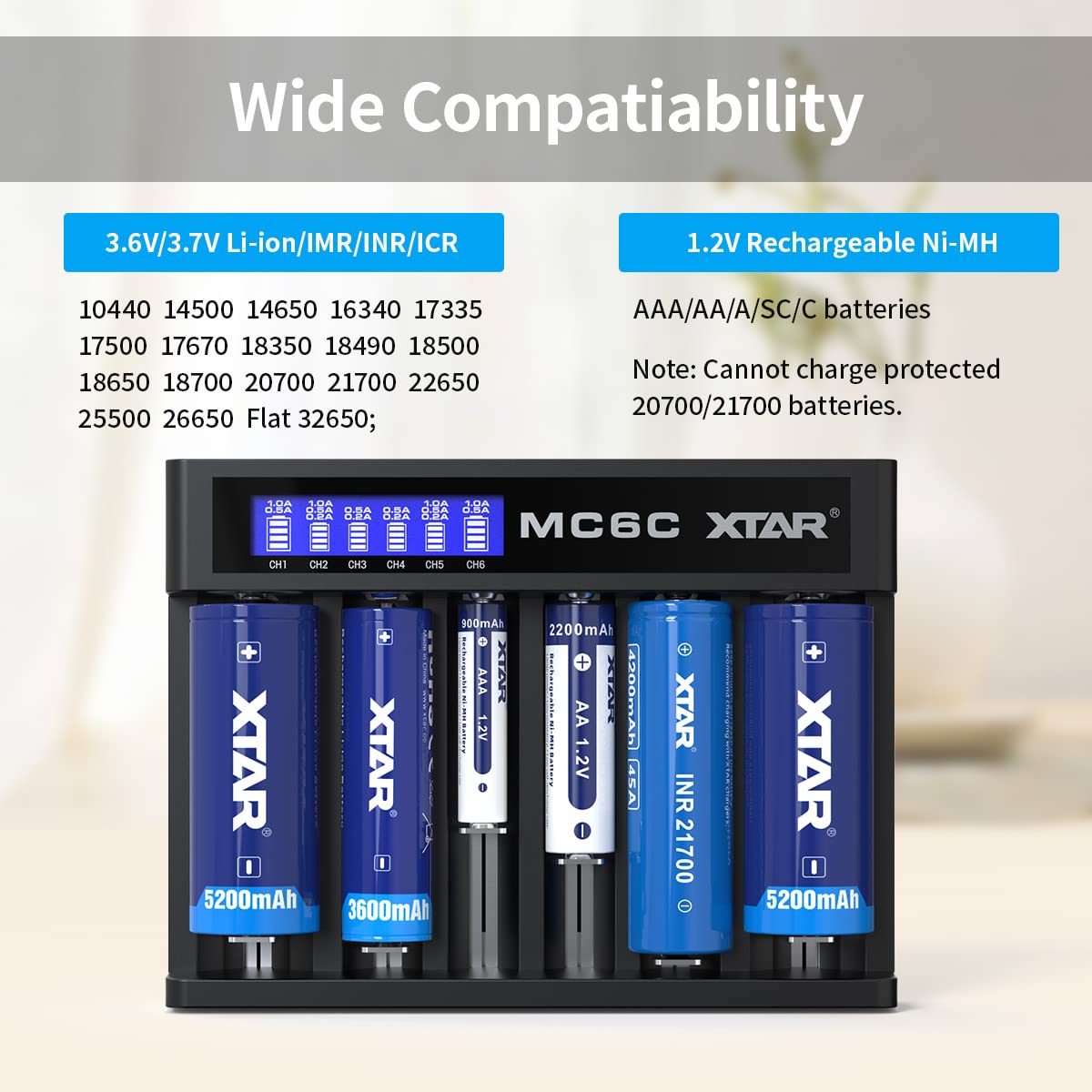 XTAR 6-Slot LCD Universal Battery Charger for 18650 Ni-MH AA AAA - USB-C Fast Charging with Smart Protection - Perfect for Vaping, Flashlights & Electronics