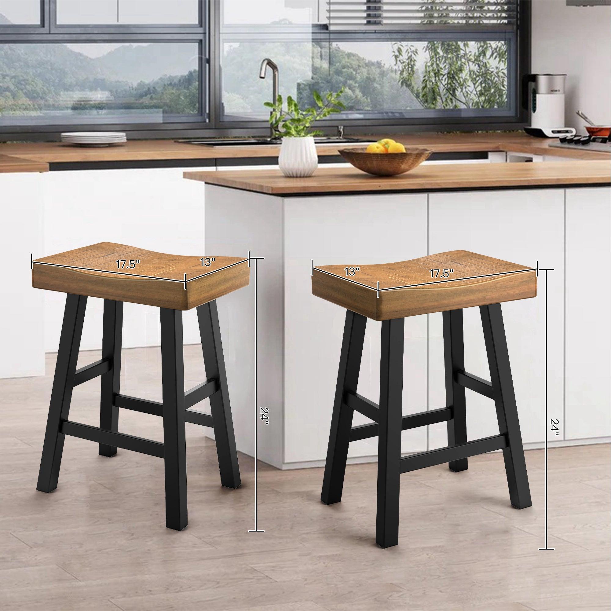 Set of 2 Farmhouse Solid Wood Bar Stools - Backless Saddle Seat Counter Height Chairs for Kitchen Island, Breakfast Nook & Home Office - Perfect for Rustic Decor, Dining & Small Space Living