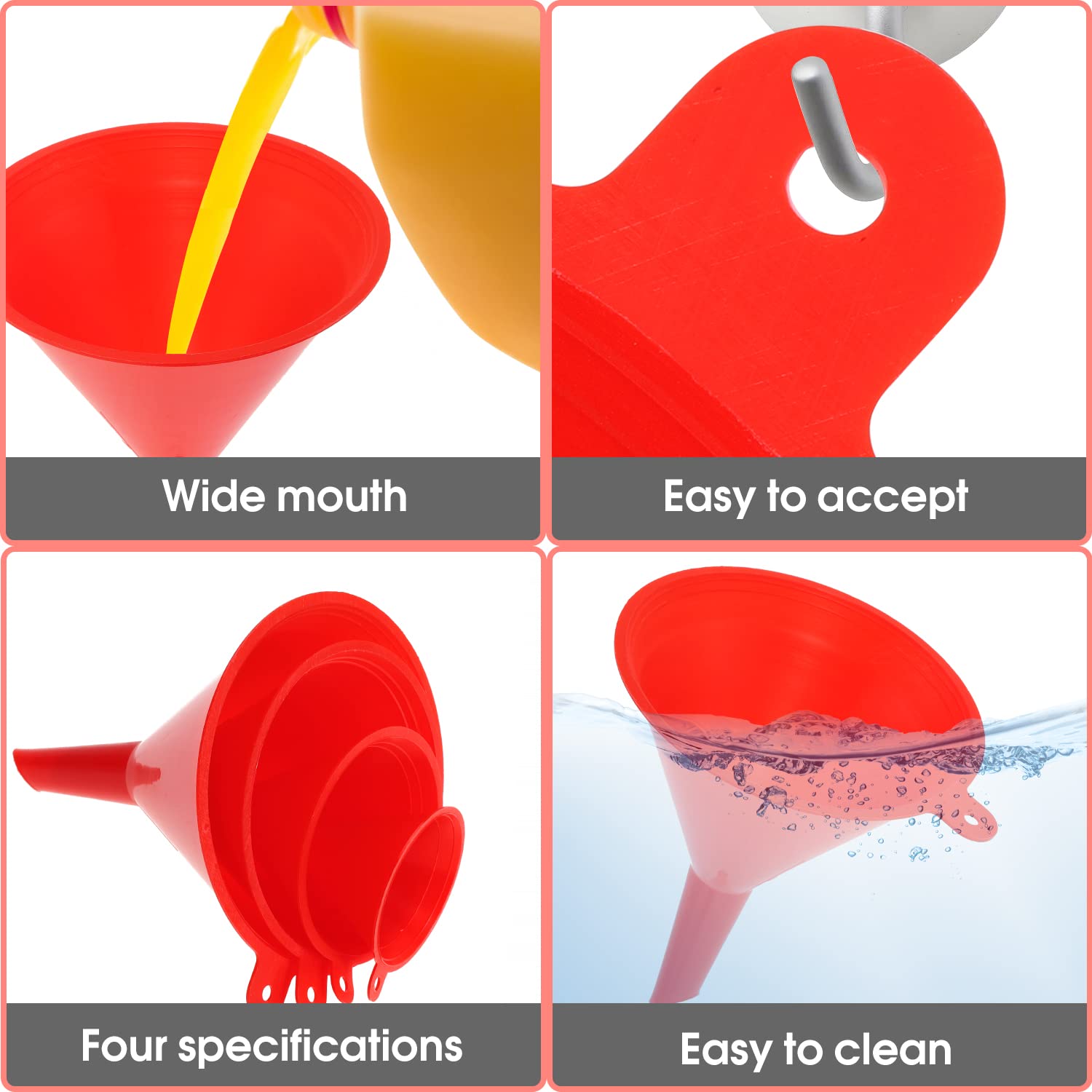 Oil Funnel Set - 4-Piece Plastic Funnel Kit for Car Oil Change, Kitchen Cooking & DIY Projects - Small, Medium & Large Sizes for Filling Bottles, Jars & Containers - Perfect for Automotive, Home & Workshop Use