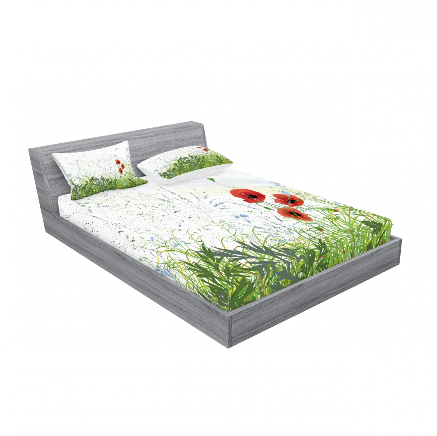 Ambesonne Floral 2-Pack Queen Size Fitted Sheet & Pillow Sham Set - Red Poppies Dragonfly Pattern, 4-Piece Bedding Decor (2 Fitted Sheets + 4 Pillow Covers) in Green & Red | Perfect for Guest Rooms, Vacation Homes & Bohemian Bedroom Decor