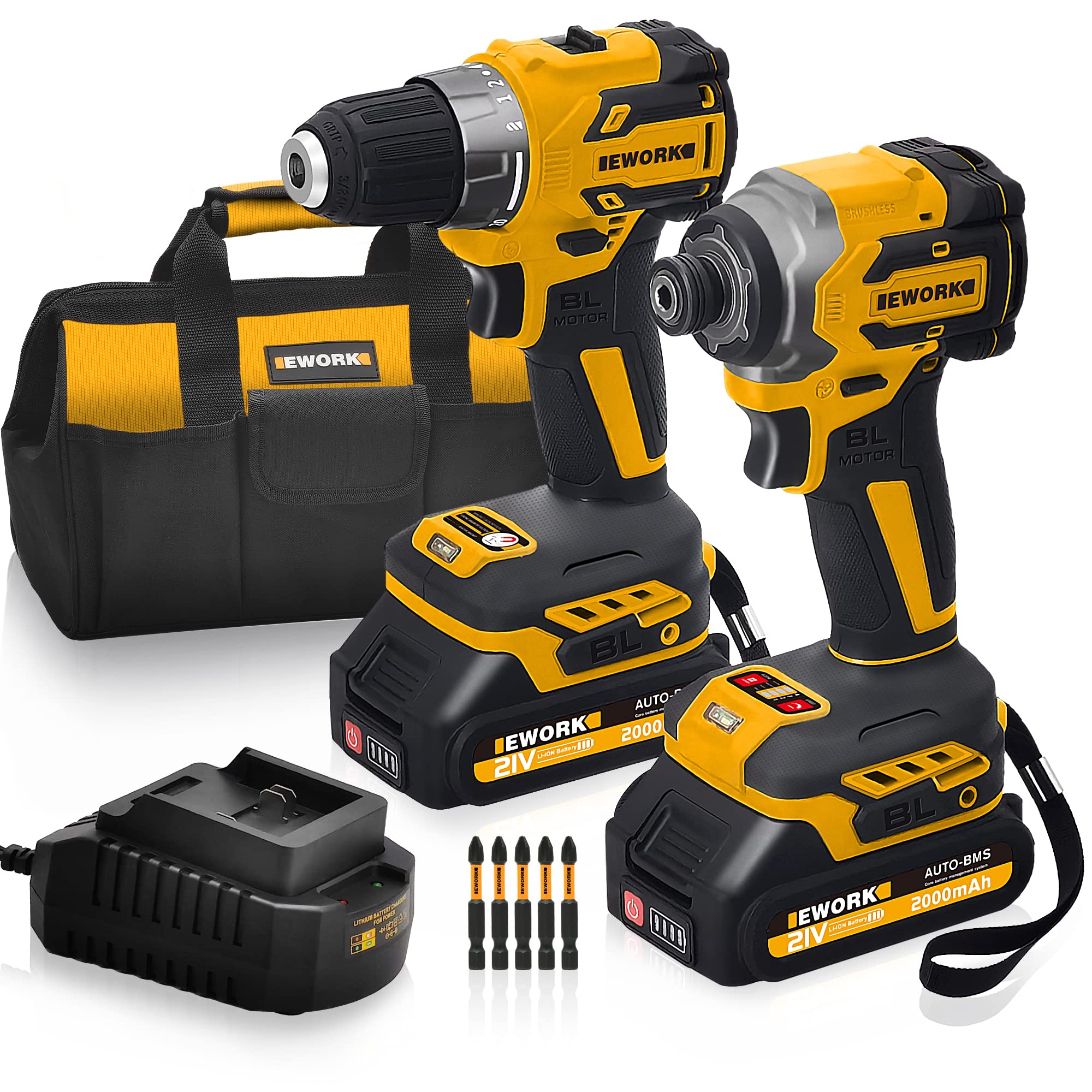 EWORK 21V Brushless Cordless Drill and Impact Driver Combo Kit - 2.0Ah Lithium-Ion Battery, Fast Charger & Tool Bag Included (EKC-1018) - Perfect for DIY Projects, Home Repairs, and Professional Construction Work