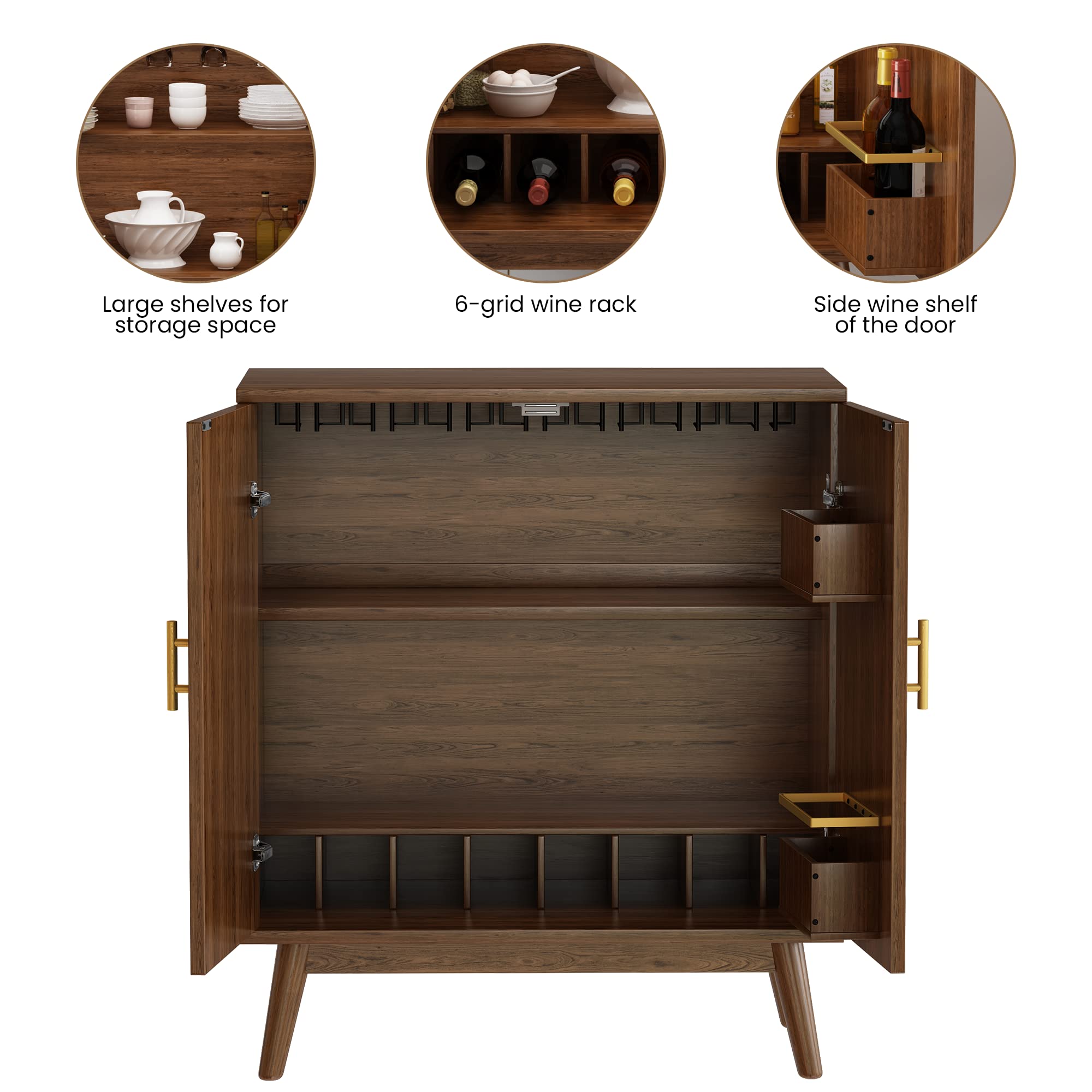 AWQM Freestanding Wine Bar Cabinet with Wine Rack & Glass Holder - Dark Brown Buffet Sideboard with Double Doors for Dining Room, Kitchen, or Home Bar Storage