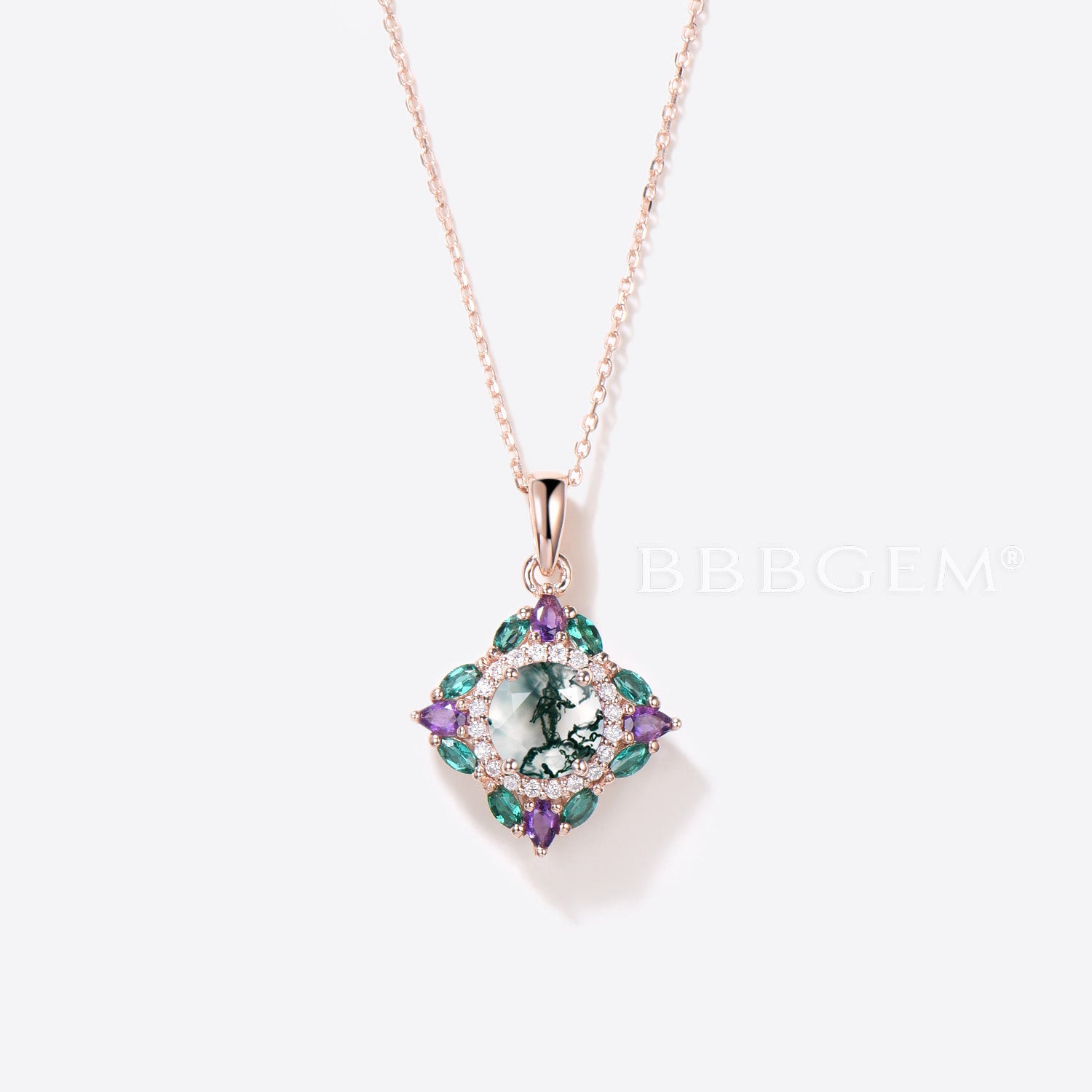 Round Cut Green Moss Agate Necklace - Snowdrift Halo Emerald Pendant Jewelry for Women, Gift for Her, Birthday, Anniversary, Wedding, Party & Everyday Wear
