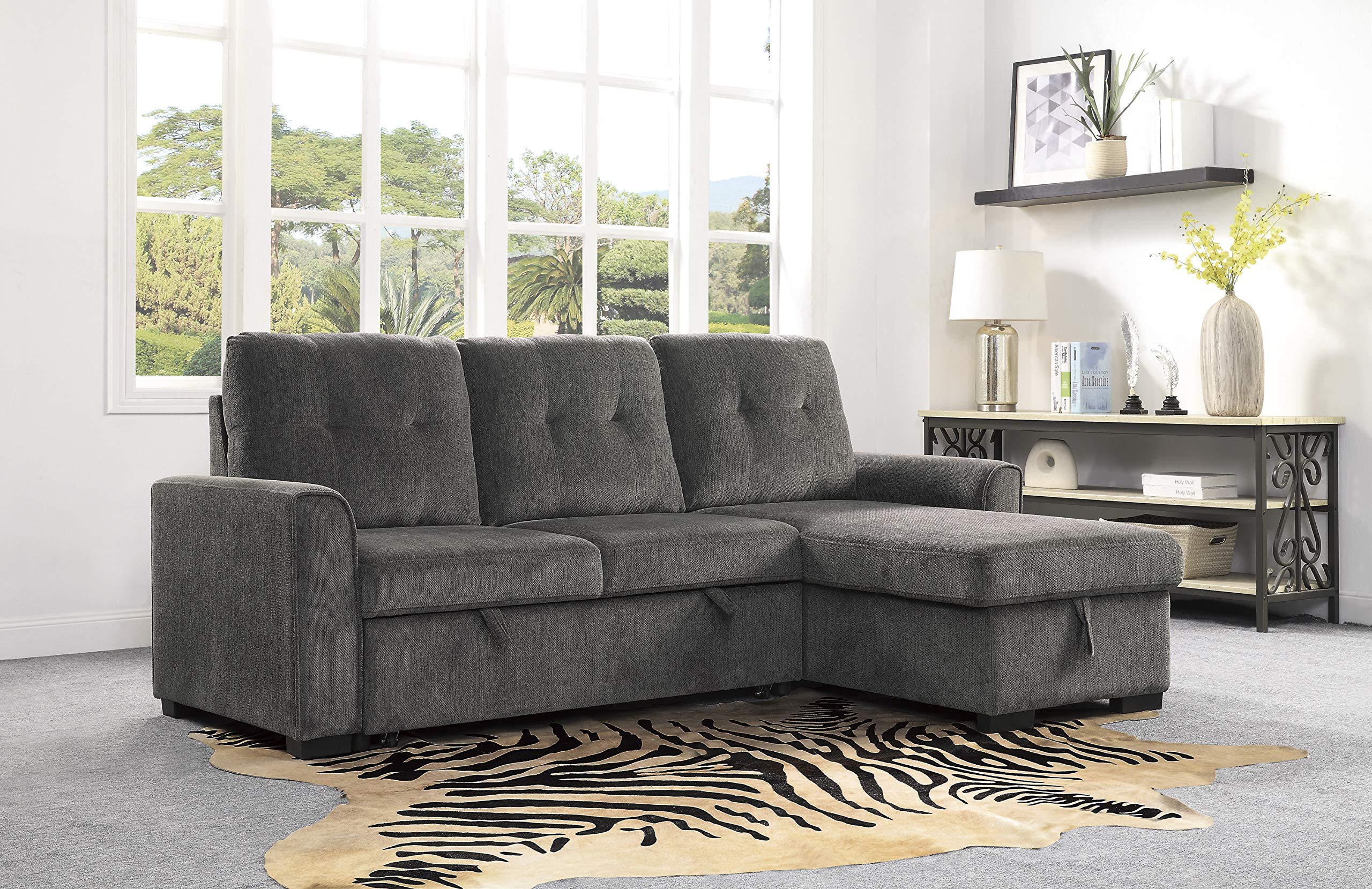Lexicon L-Shaped Sectional Sofa Bed with Storage Chaise - Reversible Sleeper Couch for Living Room, Pull-Out Bed & Chaise Lounge - Perfect for Small Spaces, Guest Rooms & Apartment Living (Dark Gray)