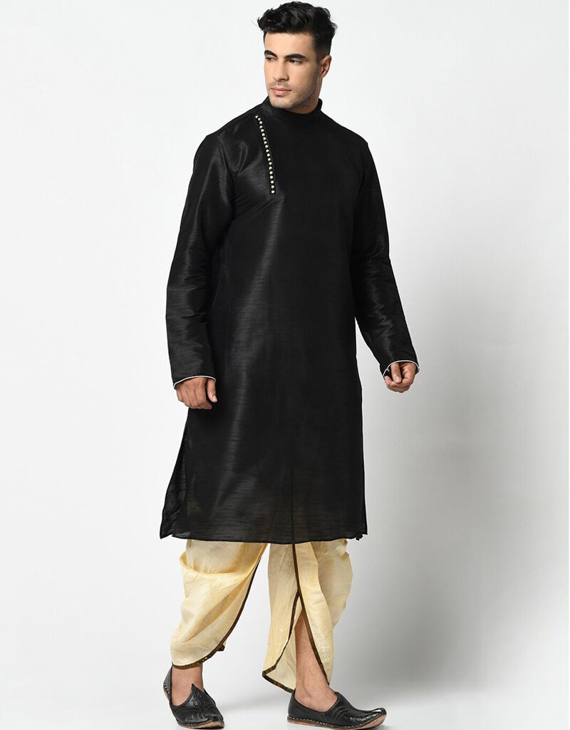 Black Kurta Dupion Silk Dhoti Set for Men - Traditional Indian Ethnic Wear for Weddings, Festivals & Special Occasions