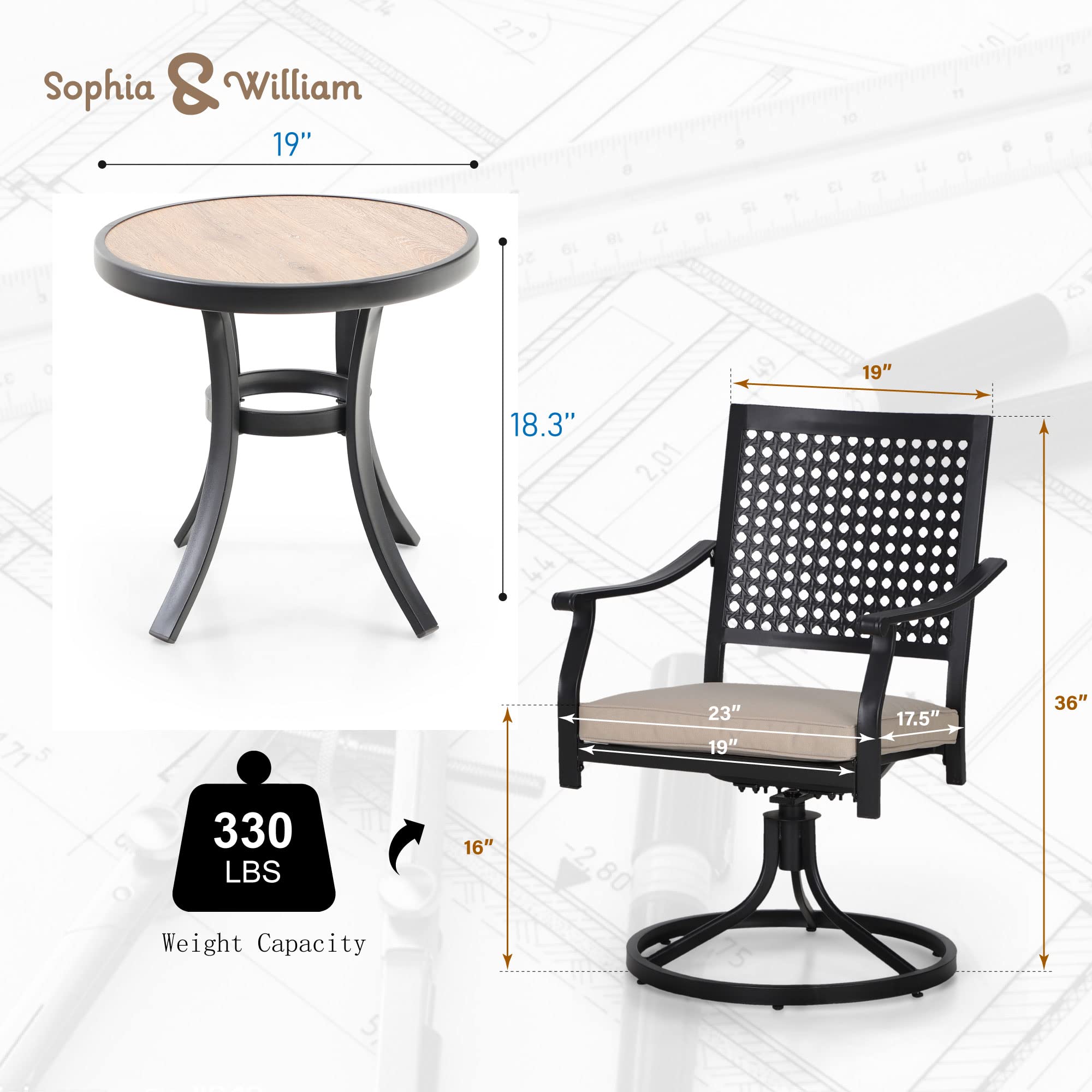 Sophia & William 3-Piece Patio Bistro Set - 2 Swivel Metal Chairs & Round Side Table for Outdoor, Garden, Balcony, Backyard | Perfect for Coffee Break, Relaxing & Small Space Dining