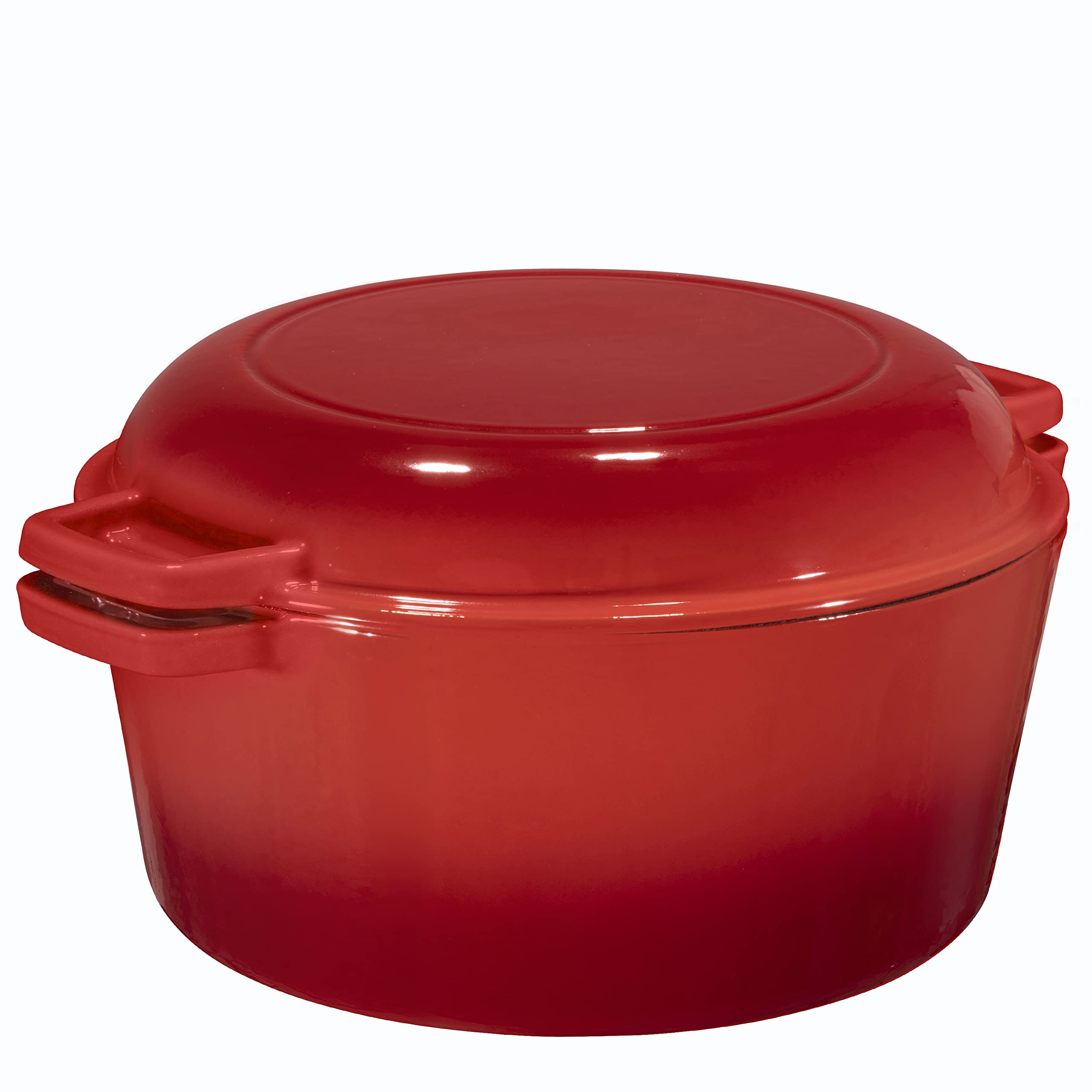 2-in-1 Enameled Cast Iron Dutch Oven with Skillet Lid - 5 Quart Fire Red Cookware for Induction, Gas, Electric & Oven Use - Bruntmor Multi-Cooker for Braising, Baking, Frying & Camping Cooking