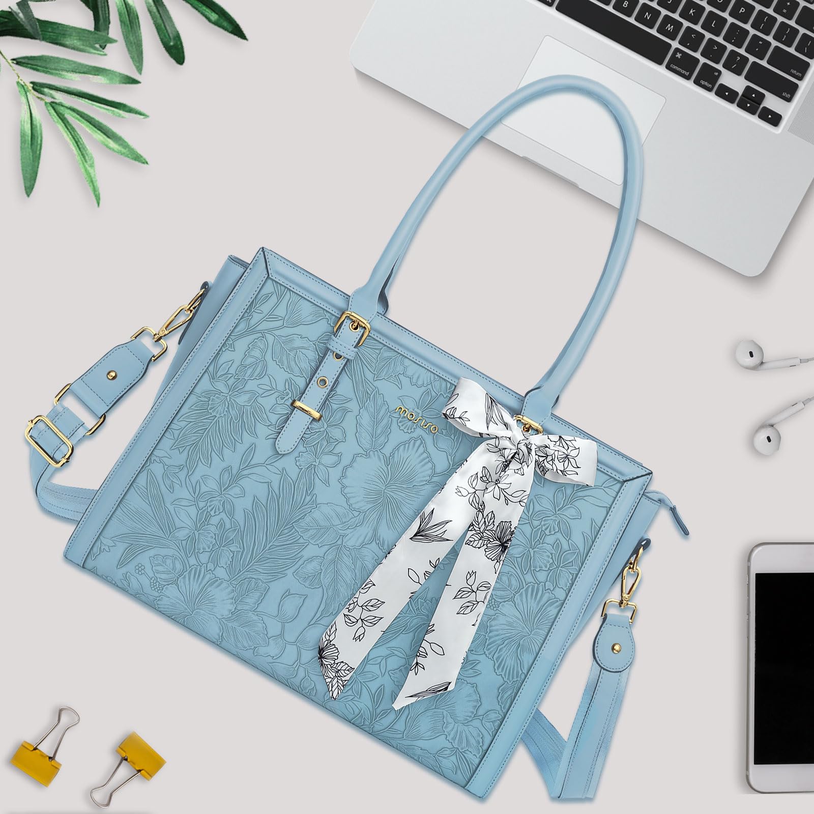 MOSISO 17-17.3 Inch Laptop Tote Bag for Women - PU Leather Computer Bag Compatible with MacBook Pro/Air, HP, Dell, Asus - Stylish Retro Hibiscus Design with Silk Scarf & Clutch Purse (Air Blue) - Perfect for Work, Travel & Business Meetings