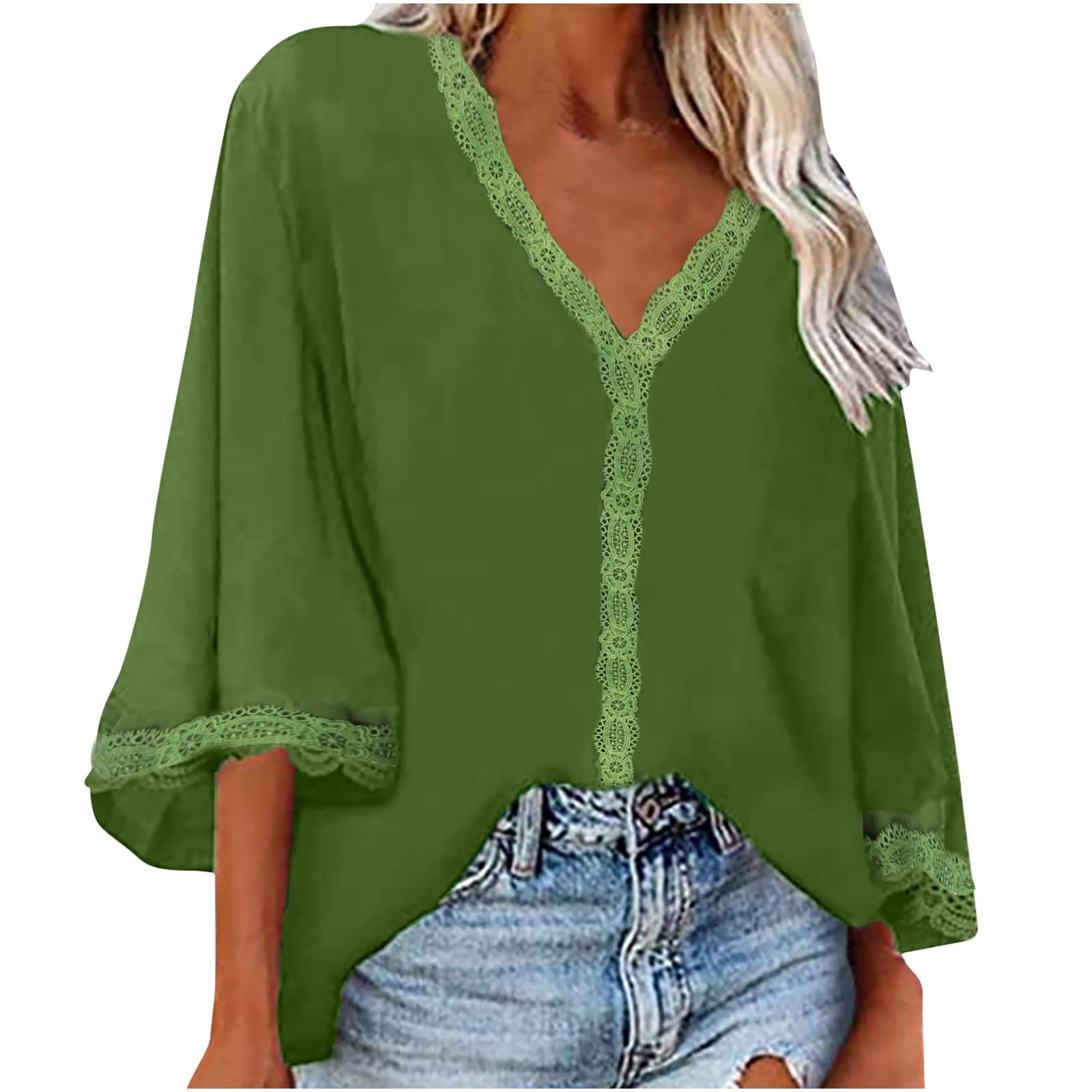 Elegant Women's Summer & Fall Tops - Flare Mid Sleeve Lace Trim Blouses, Lightweight Comfortable Loose T-Shirts for Casual Wear, Office & Date Night Outfits