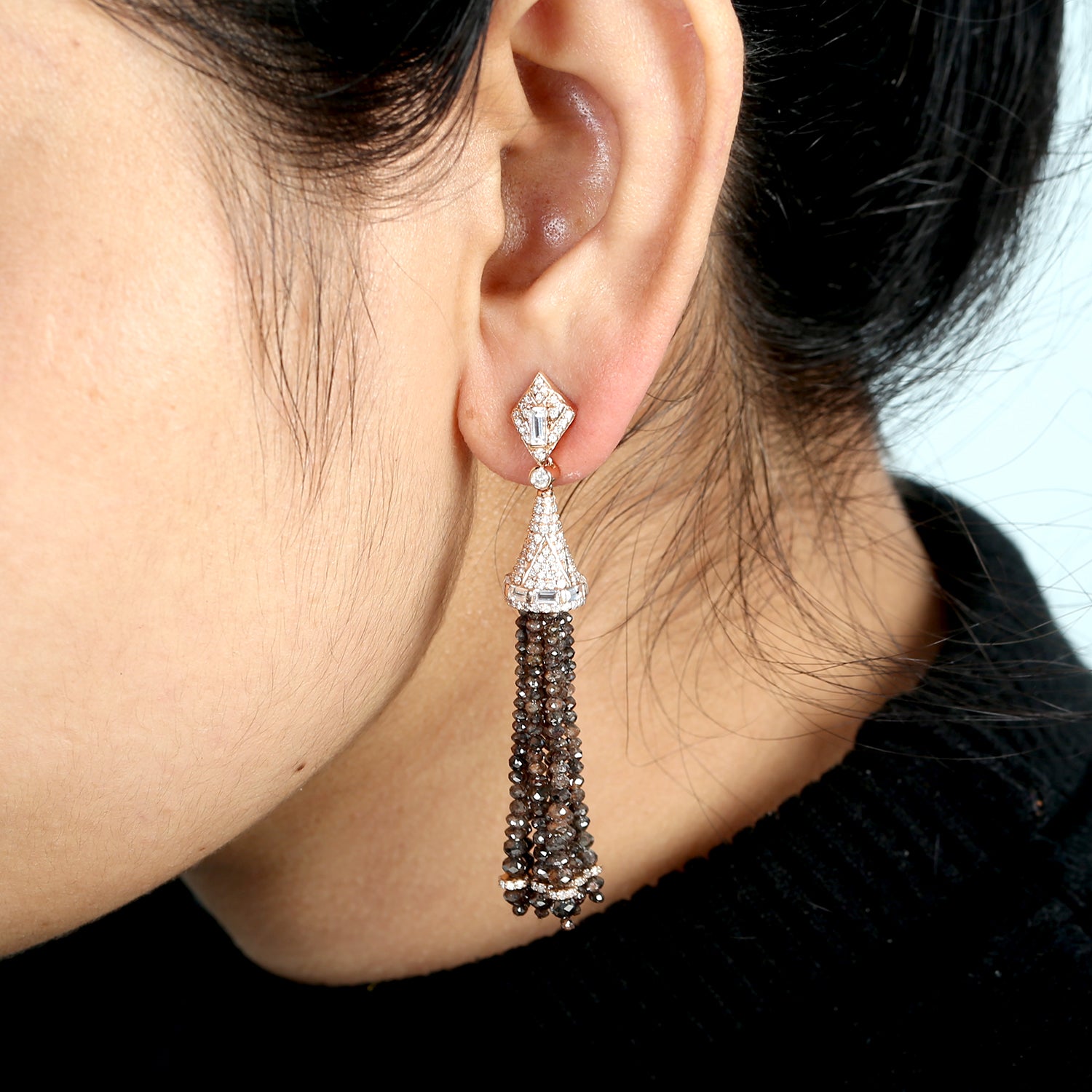 Faceted Sapphire Gemstone Beads Baguette Cut Diamond Tassel Earrings in Rose Gold - Elegant Dangle Earrings for Women, Perfect for Weddings, Parties & Special Occasions