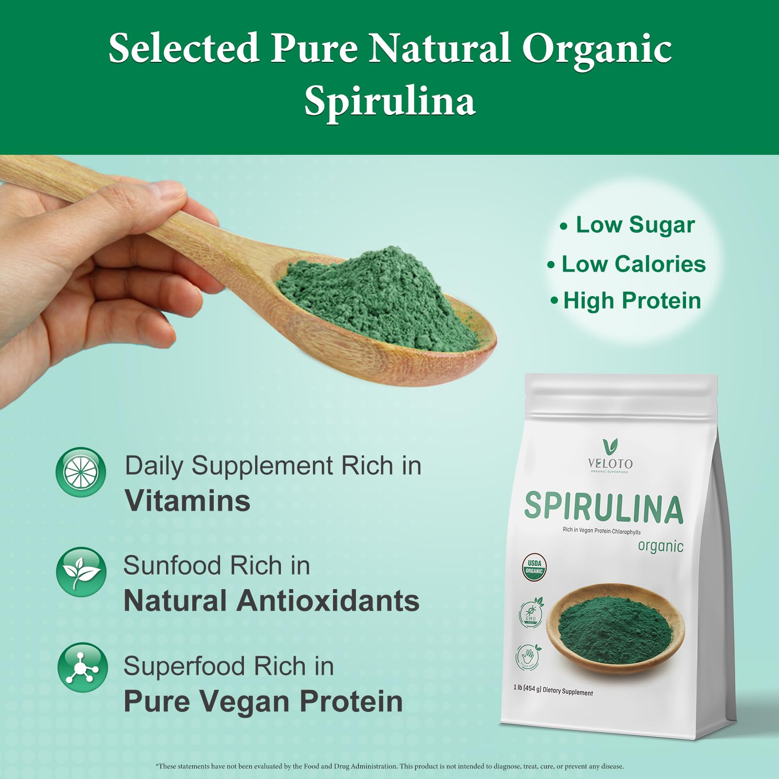 Organic Spirulina Powder Superfood - 1 Pound (16 Ounce) | Vegan Protein, Antioxidants & Vitamins Supplement for Immune Support | Non-GMO, Gluten-Free | Smoothies, Detox Drinks & Health Boosters