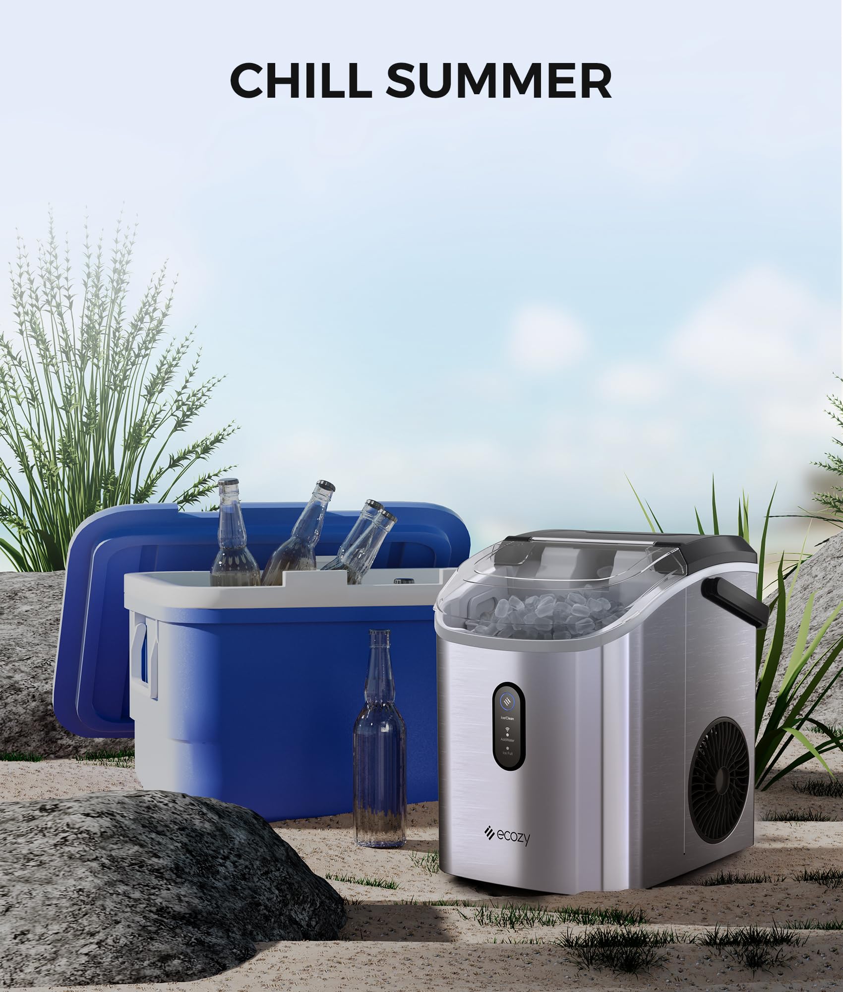 Ecozy Smart Nugget Ice Maker Countertop - Portable Pebble Ice Machine with Voice Control & WiFi App, 33lbs/24H Soft Chewable Ice, Self-Cleaning Pellet Ice Maker, Stainless Steel - Perfect for Kitchen, Home Bar, Office, and Party Use