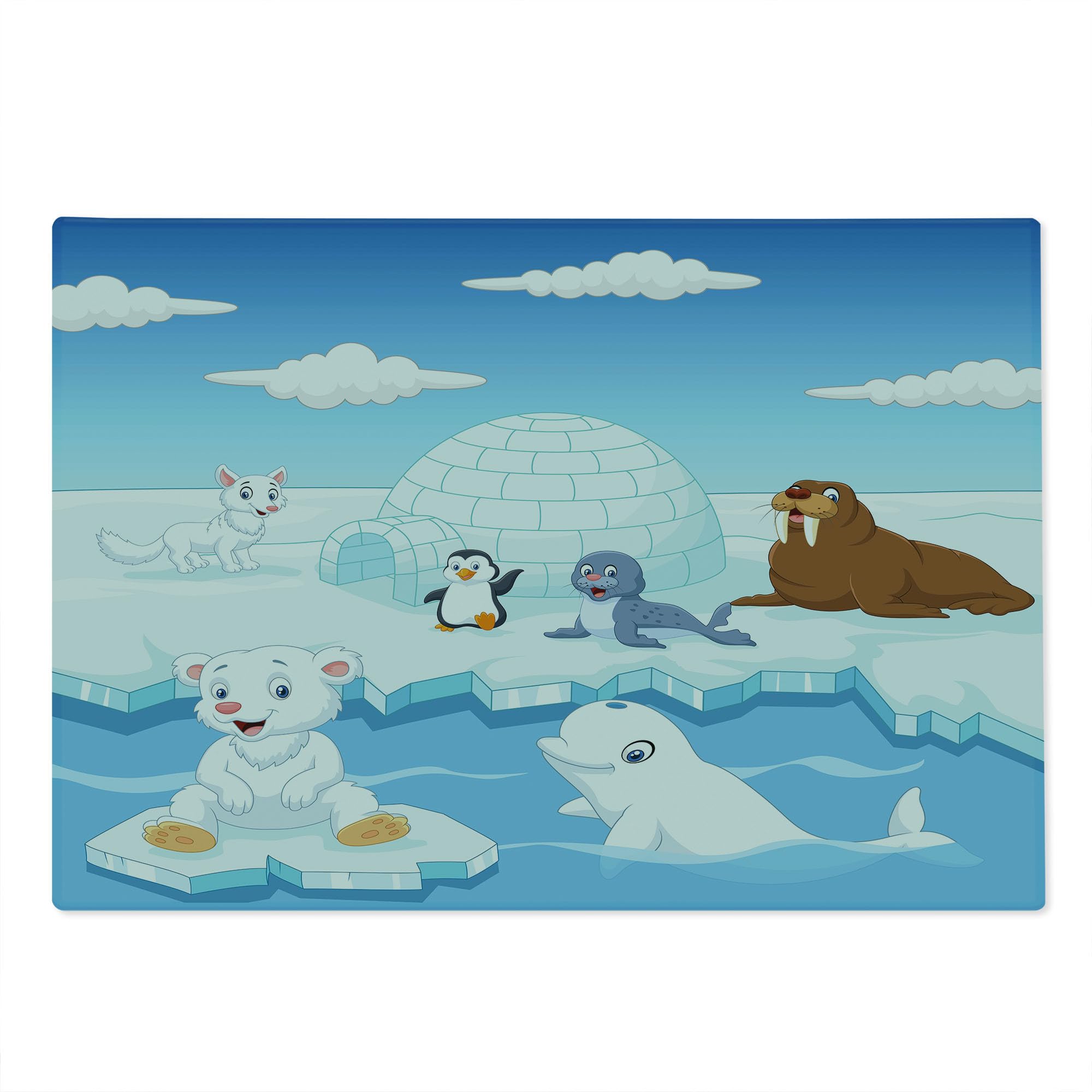 Ambesonne Arctic Animals Tempered Glass Cutting Board - Polar Bears, Seals, Penguins, Wolves & Whales Design - Large Decorative Serving Board in Sky Blue & White - Perfect for Kitchen Prep, Charcuterie & Entertaining