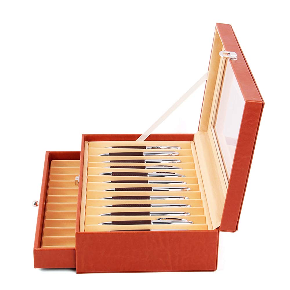 Premium PU Leather & Flannel Pen Display Box - 24 Pcs Glass Organizer with Lid & Drawer, Double Layer Pen Storage Case for Collectors | Perfect for Office, Home Desk & Gift Presentation