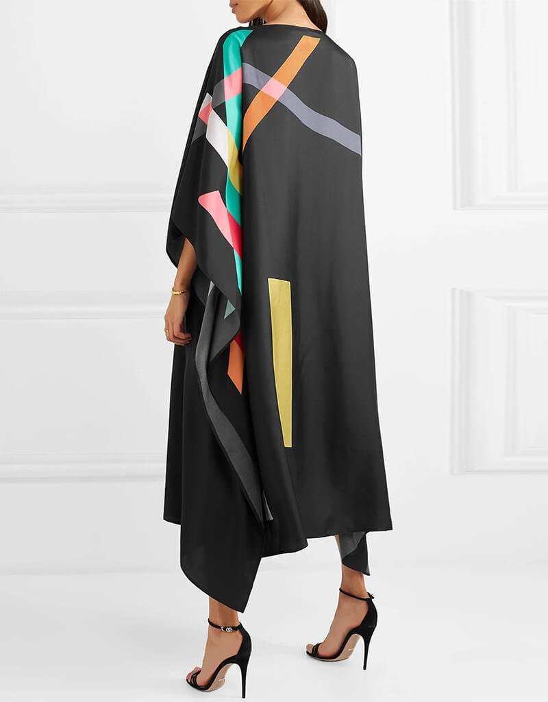 Luxury Black Silk Crepe Kaftan Dress for Women - Elegant Loose Fit Maxi Tunic with Long Sleeves - Perfect for Beach Cover Up, Resort Wear, and Summer Vacation Outfits