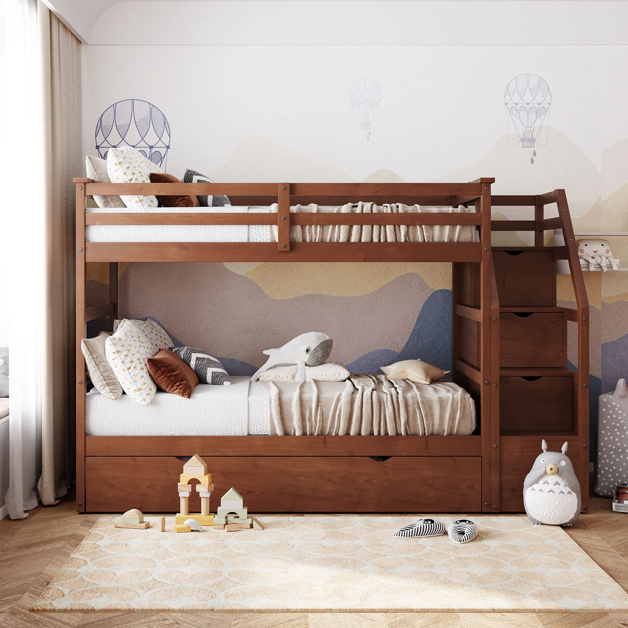 Harper & Bright Designs Twin Over Twin Bunk Bed with Trundle - Solid Wood Bunk Bed with Storage Stairs for Kids, Teens & Adults - Space-Saving Walnut Bunk Bed for Small Rooms, Guest Rooms & Vacation Homes