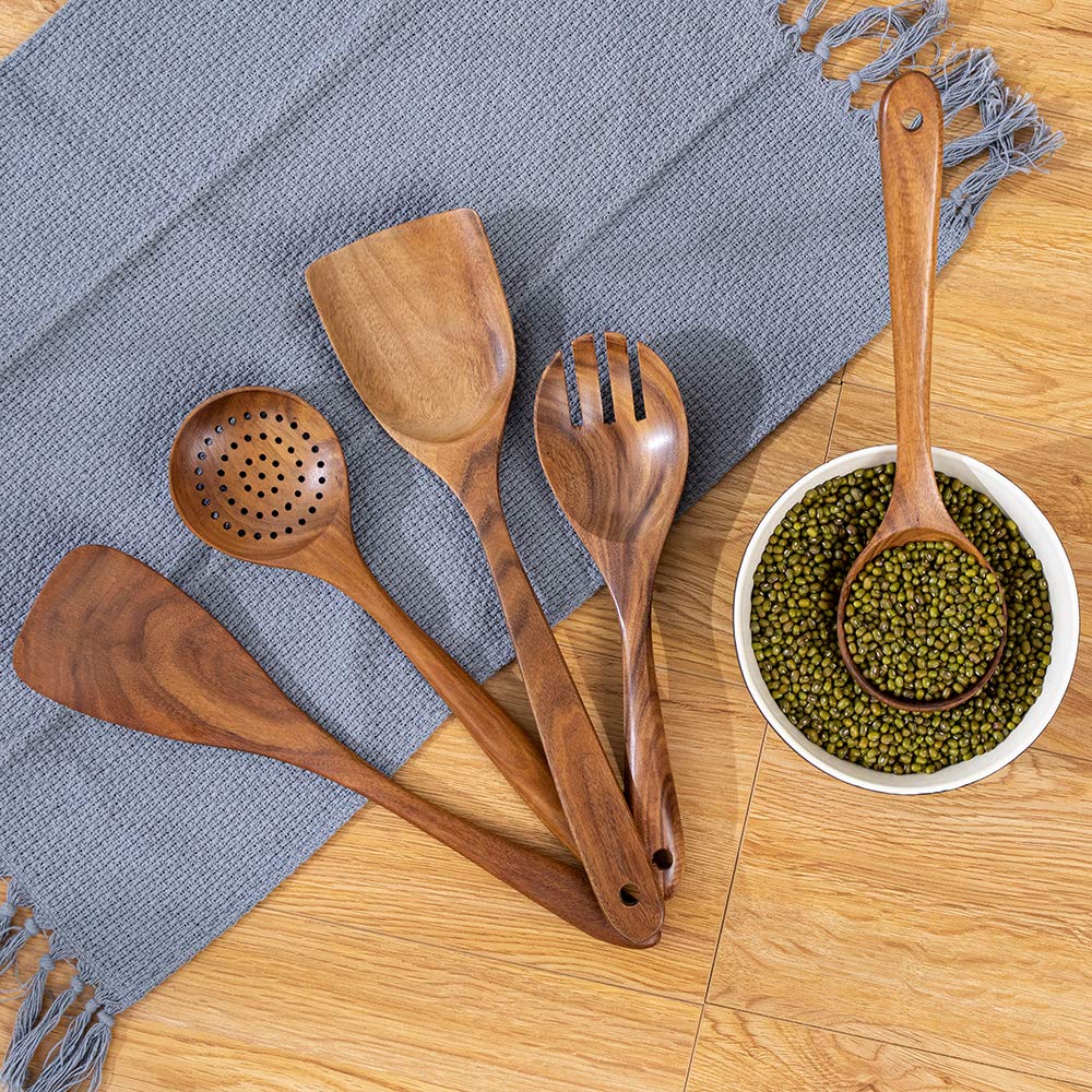 Premium Teak Wooden Utensils Set for Cooking - 5-Piece Nonstick Kitchen Tools with Spatula, Spoon & More - Ideal for Sauteing, Stirring & Serving in Eco-Friendly Kitchens