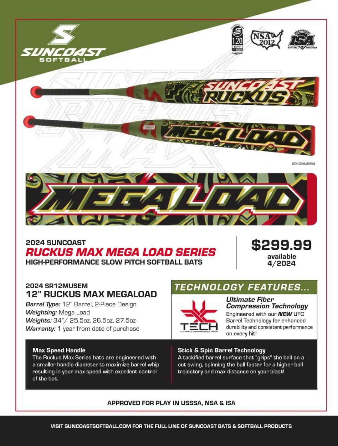 2023 Suncoast Ruckus Max Mega Load USSSA Slowpitch Softball Bat - High Performance Baseball Bat for Competitive Play & Training | Perfect for Tournaments, League Games & Practice Sessions