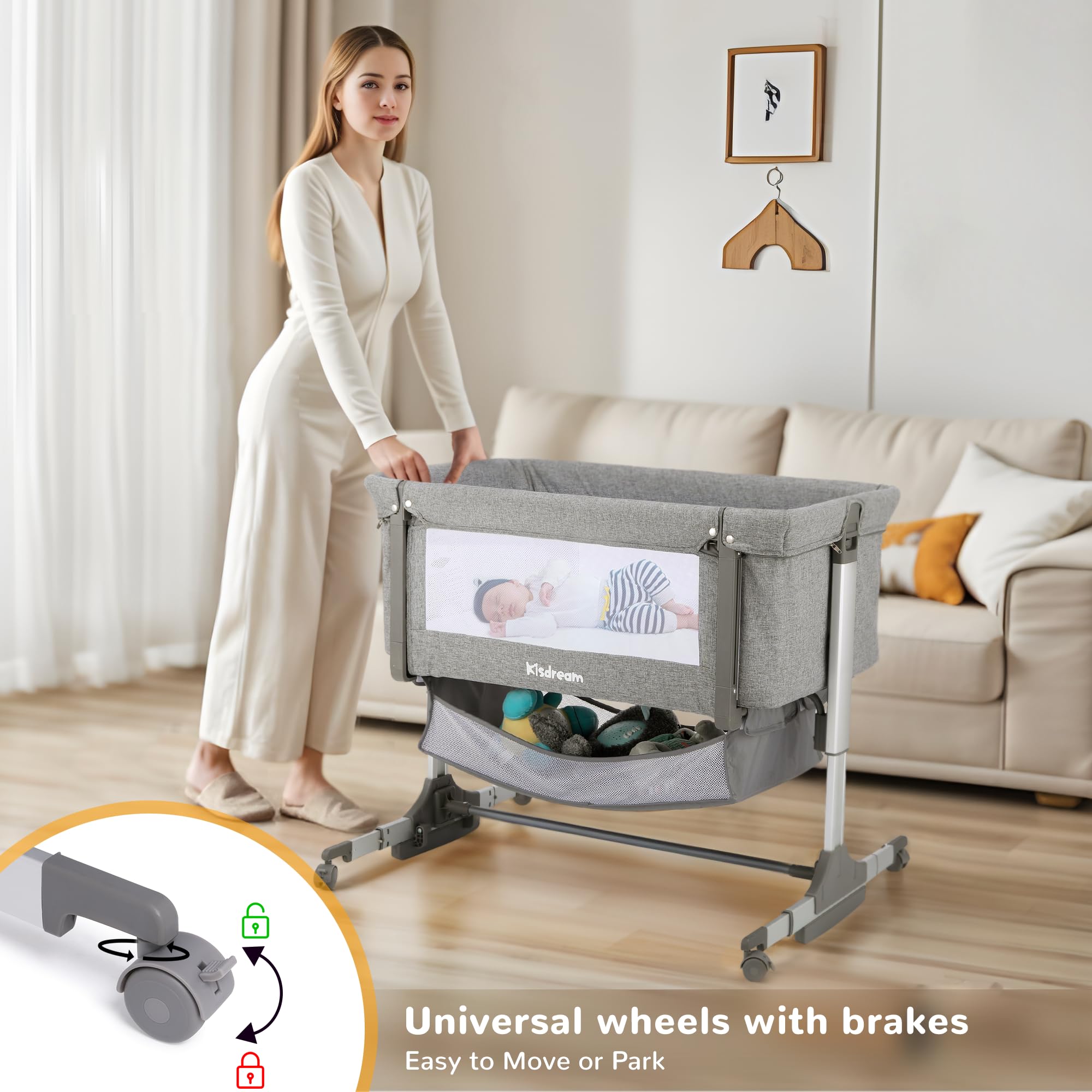 Kisdream Portable Baby Bassinet Bedside Co-Sleeper - Adjustable Height Safe Crib for Newborn & Infant - Perfect for Nursery, Bedroom & Travel Use with Tall Parent Beds