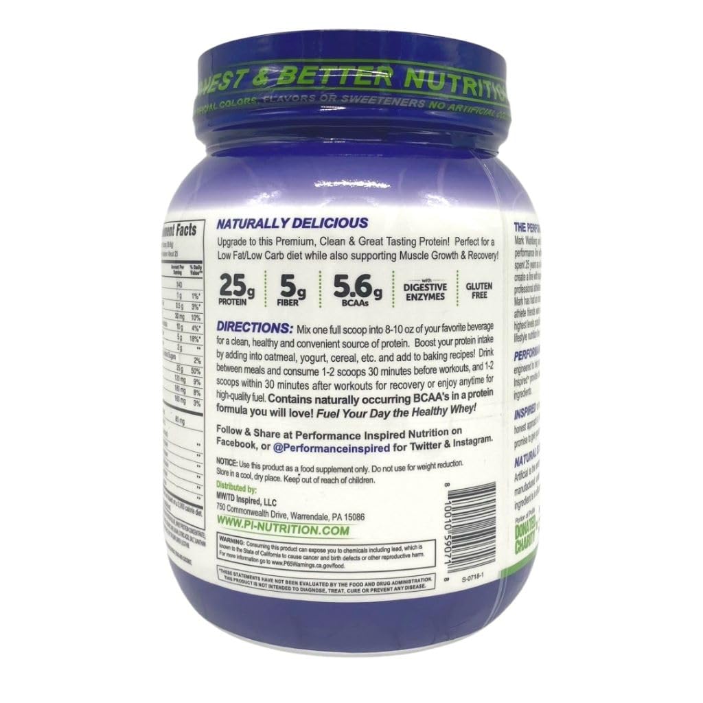 Performance Inspired Whey Protein Powder - All Natural, 25G Protein, BCAAs, Digestive Enzymes & Fiber - Blueberry Flavor, 2lb for Muscle Recovery & Post-Workout Nutrition