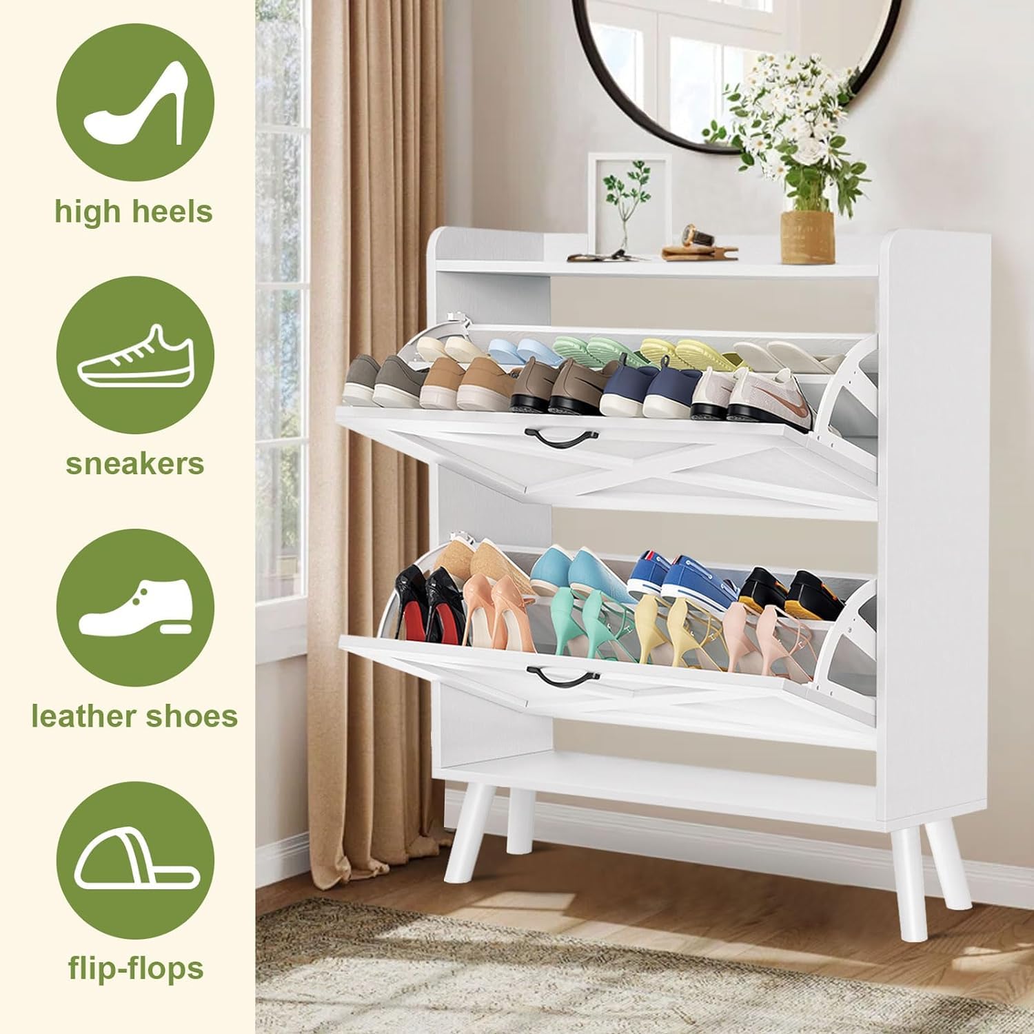Betterland 2-Tier Flip-Drawer Shoe Storage Cabinet - Freestanding Shoe Organizer Rack for Entryway, Hallway & Living Room - Space-Saving Narrow Design (Large, White) - Perfect for Small Apartments & Closet Organization
