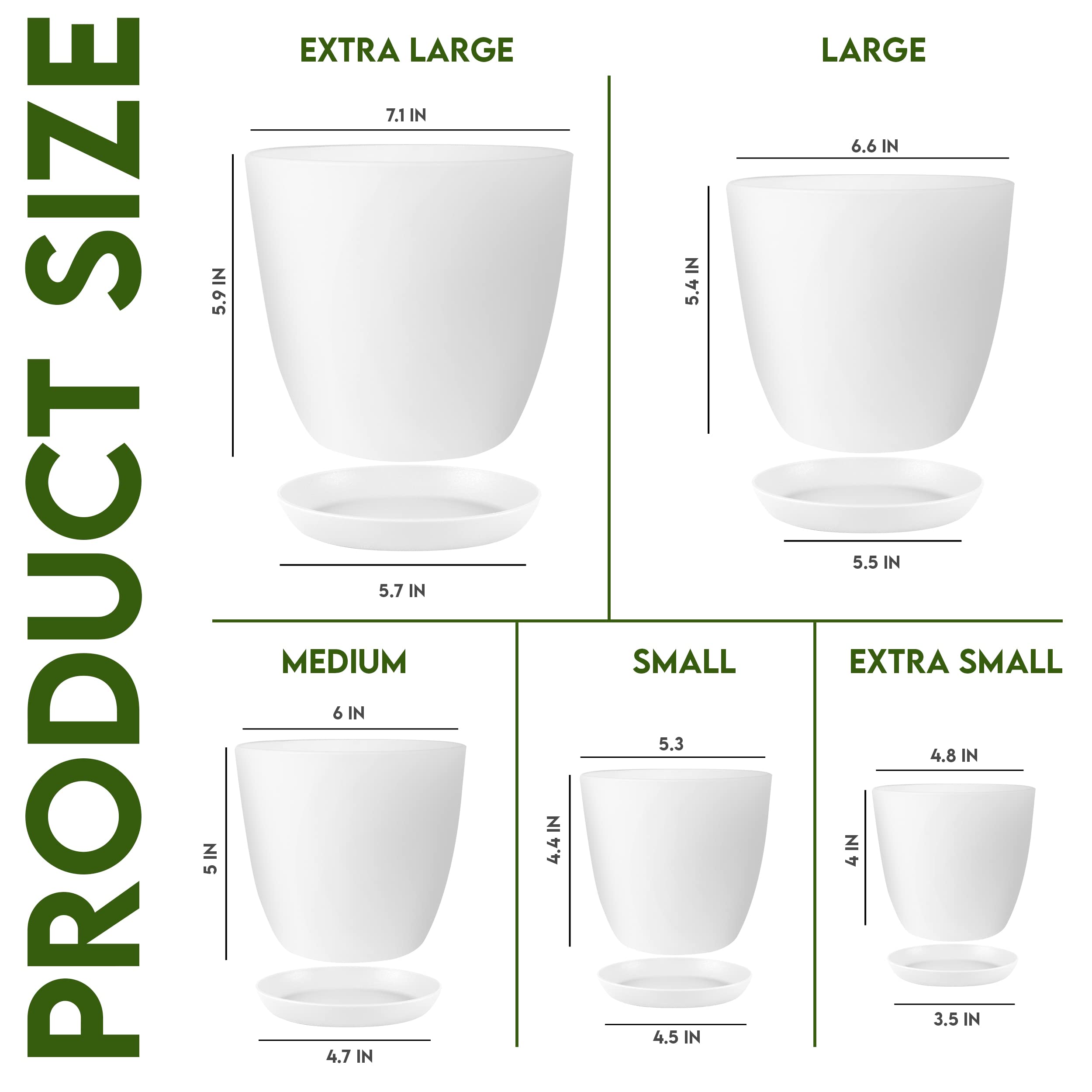 Utopia Home 5-Pack White Plastic Plant Pots with Drainage - 7/6.6/6/5.3/4.8 Inch Indoor Flower Planters for Succulents, Herbs & Houseplants - Perfect for Home Decor, Christmas Stocking Stuffers & Gardening Gifts