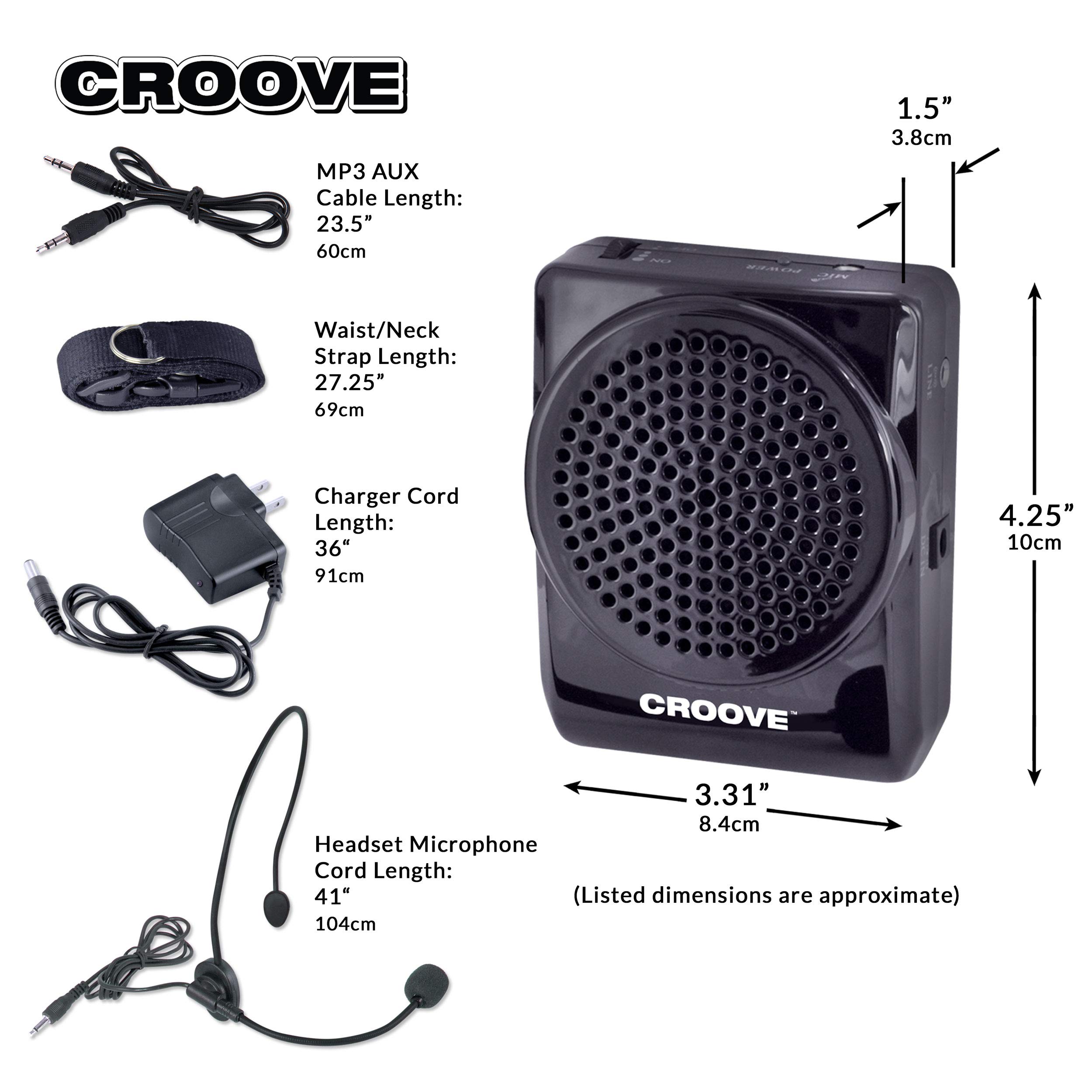 Croove Rechargeable Voice Amplifier Microphone Headset with MP3 Support | Portable Speaker & Mic Set with Waist/Neck Strap & Belt Clip | Ideal for Teachers, Tour Guides, Public Speaking & Outdoor Events