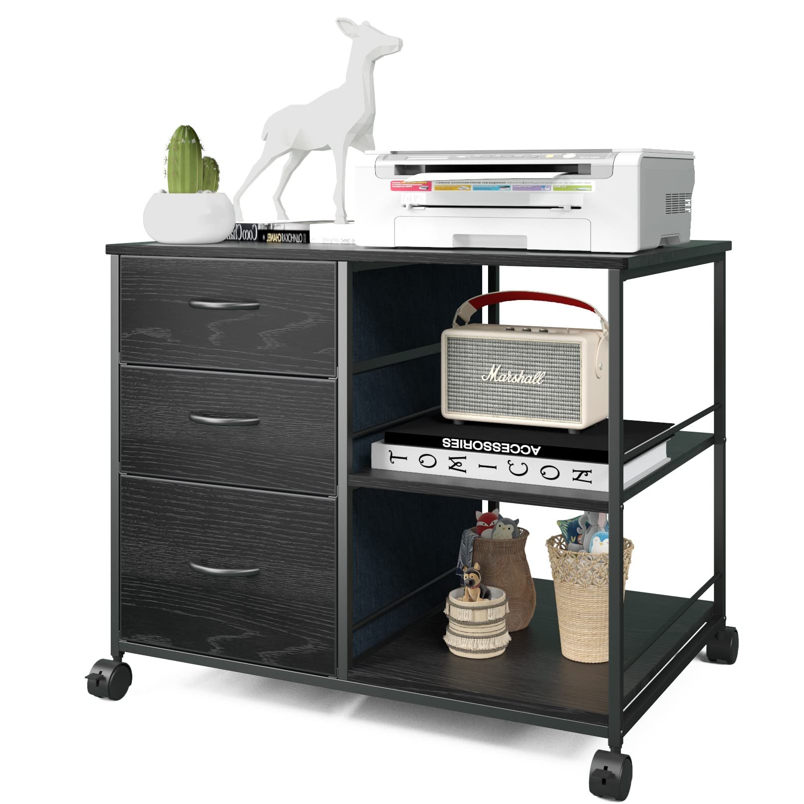 3-Drawer Mobile File Cabinet with Wheels - Black Office Storage for Printer & Files