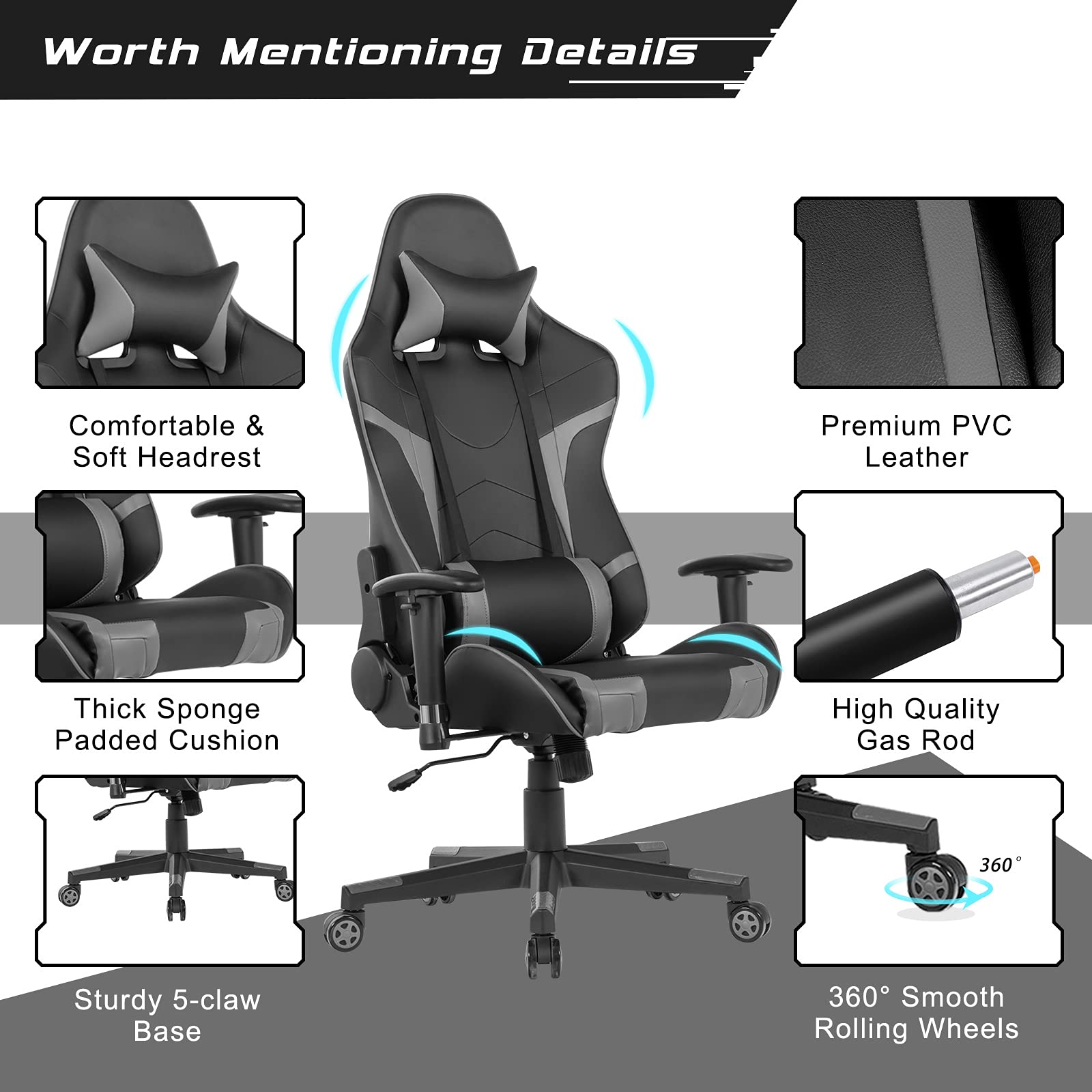 GYMAX Ergonomic Gaming Chair with Adjustable Headrest & Lumbar Support - Reclining Computer Chair for Adults - Comfortable Office Desk Chair for Gamers & Professionals - Perfect for Long Gaming Sessions & Remote Work (Grey)