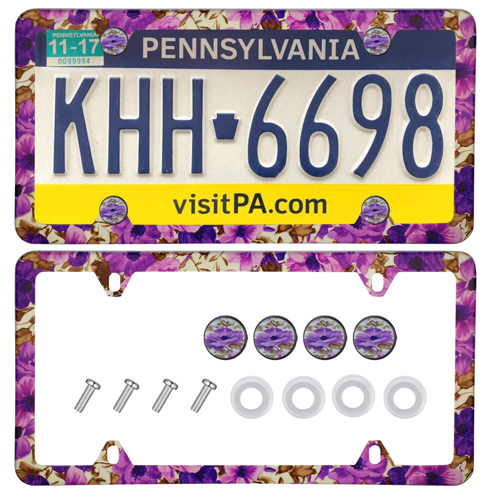 Floral Flower Purple License Plate Frame for Women - 2 Pack, 4 Holes Universal Fit Car Accessories - Perfect for Customizing Your Vehicle & Adding Feminine Style to Sedans, SUVs, and Trucks