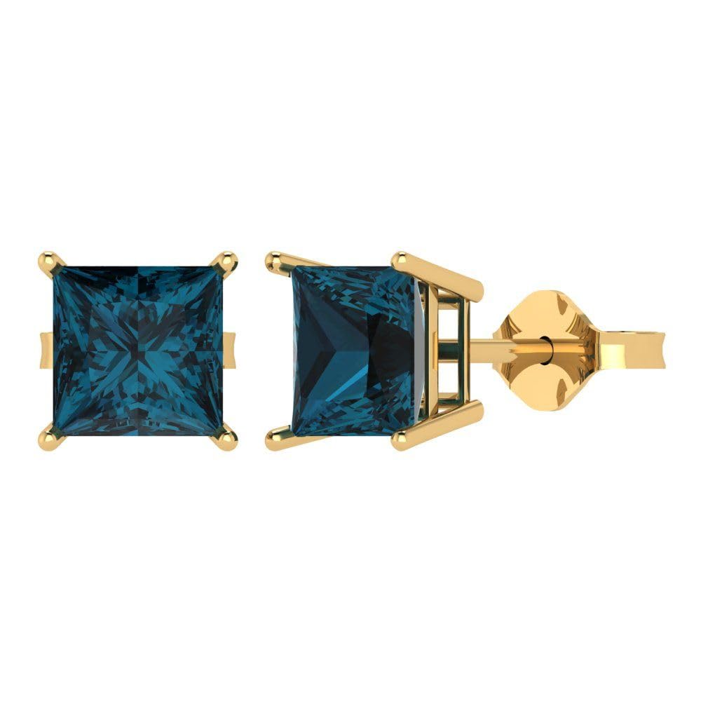 3.0 Carat Princess Cut Natural London Blue Topaz Stud Earrings in 14K Yellow Gold | Conflict-Free Solitaire | Designer Push Back Earrings for Women | Perfect for Weddings, Parties & Everyday Wear