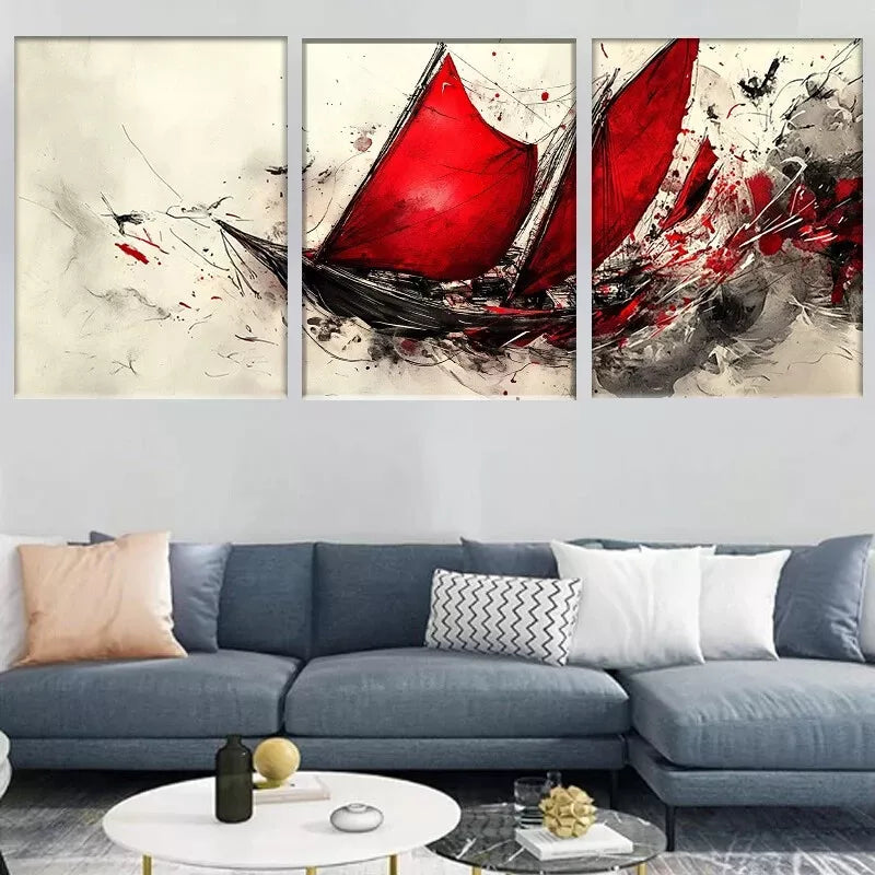 3-Piece Abstract Sailing Ship Wall Art Set with Bold Red Sails - 40x60cm Framed Canvas Prints - High Quality Australian Made Ready-to-Hang Decor for Living Room, Bedroom or Office