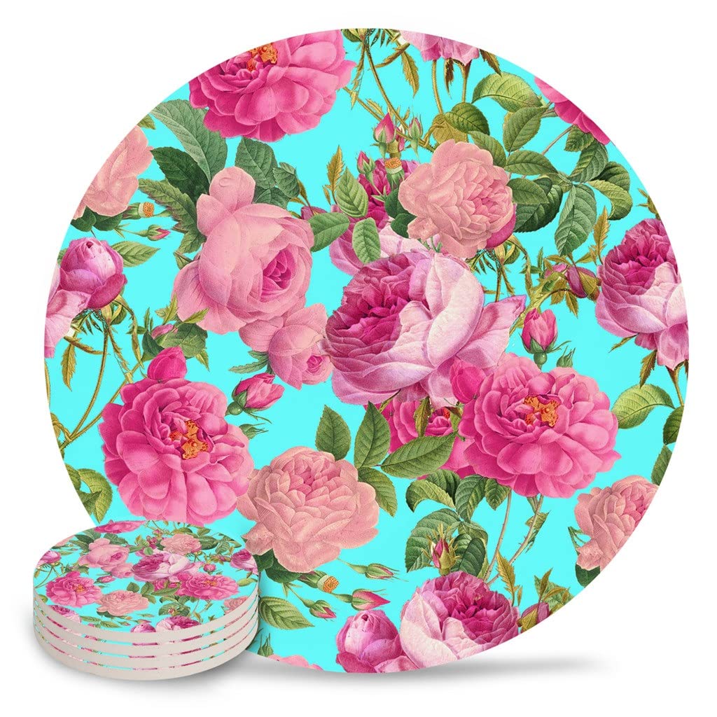 Vintage Summer Rose Pattern Ceramic Coasters Set of 6 - Elegant Table Decor for Kitchen, Coffee Table, and Dining Room - Perfect for Parties, Home Decor, and Gift Giving