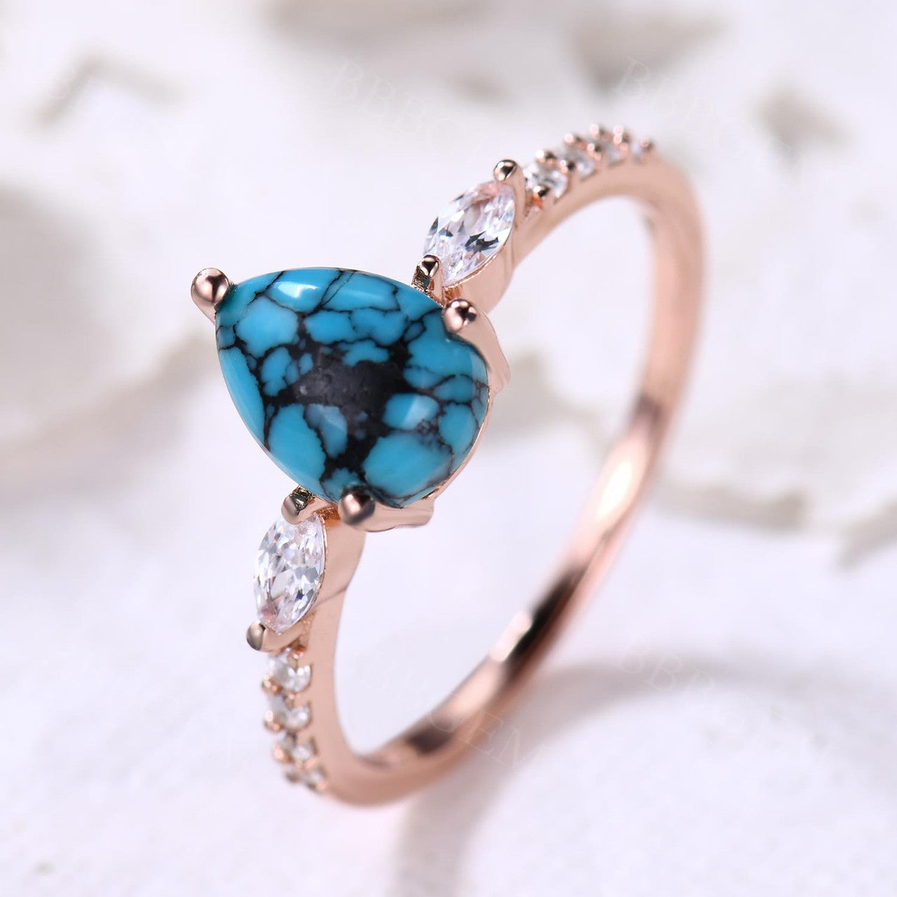 Turquoise Rose Gold Engagement Ring - Art Deco Vintage Promise Ring for Women, Gift for Her, Anniversary, Valentine's Day, Proposal, Wedding Jewelry
