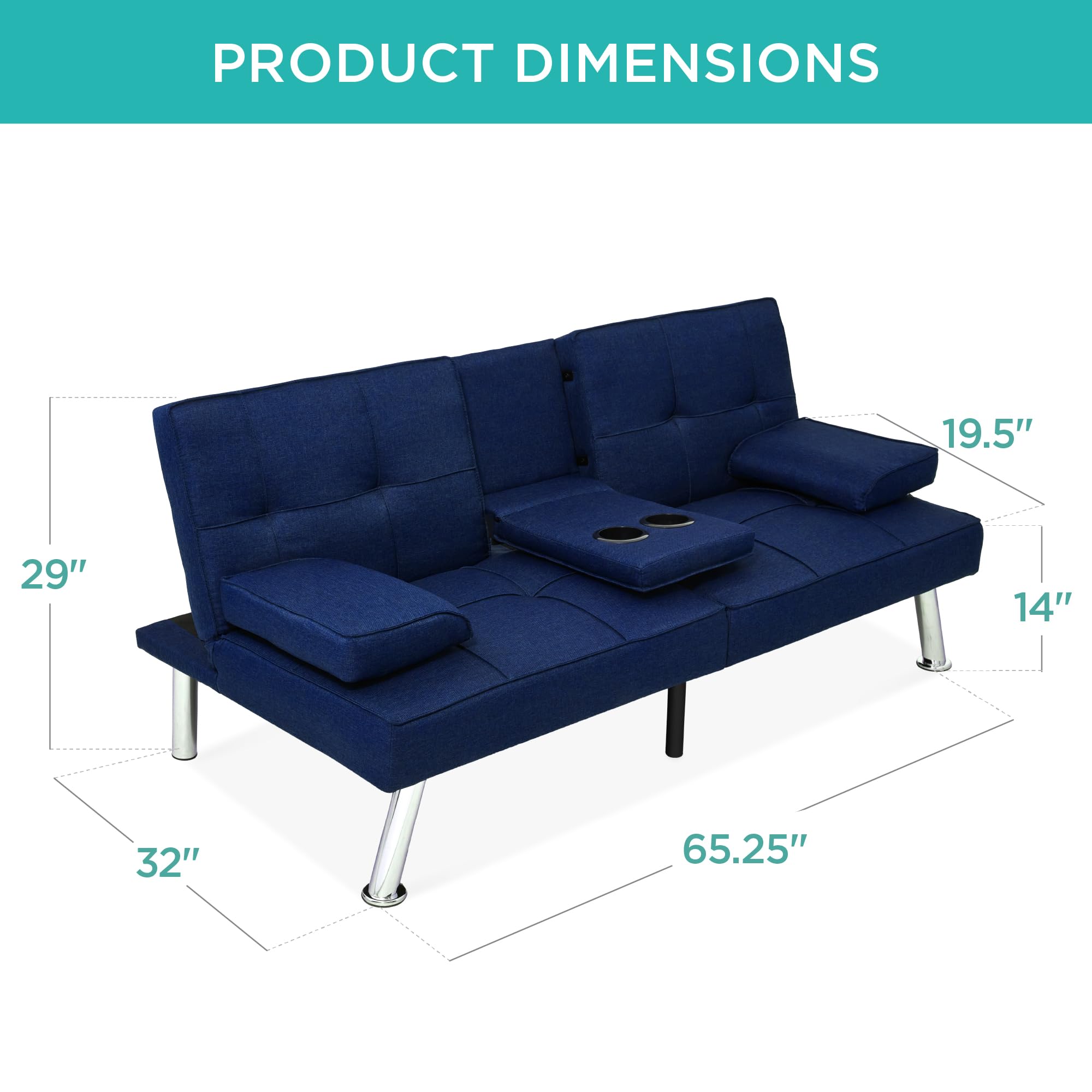 Best Choice Products Modern Folding Futon Sofa Bed - Convertible Recliner with Removable Armrests & 2 Cup Holders - Dark Blue Linen Fabric - Perfect for Small Apartments, Dorm Rooms & Guest Rooms