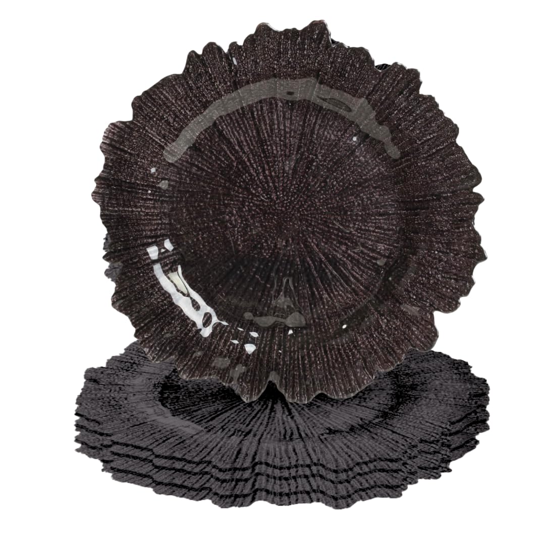 Koyal Wholesale Bulk Flora Glass Charger Plates - Set of 4 Black Starburst & Reef Design - Elegant Dinnerware for Weddings, Parties & Formal Dining
