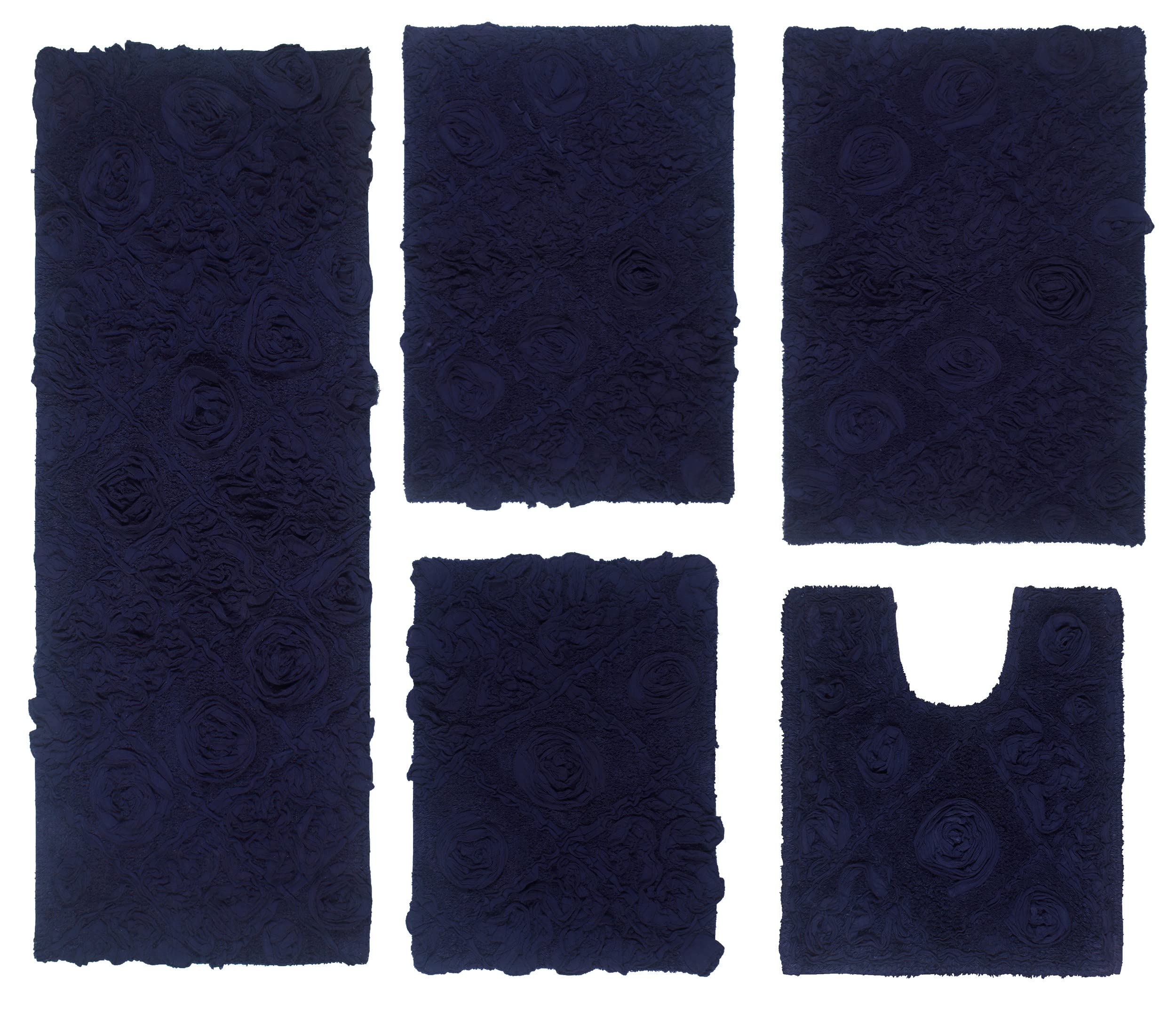 Premium 100% Cotton Bath Rug Set - 5 Piece Non-Slip, Washable & Super Absorbent Bathroom Mats for Bathroom & Kitchen Floor - Soft Contour Design in Navy Blue - Perfect for Bathroom Safety & Home Decor