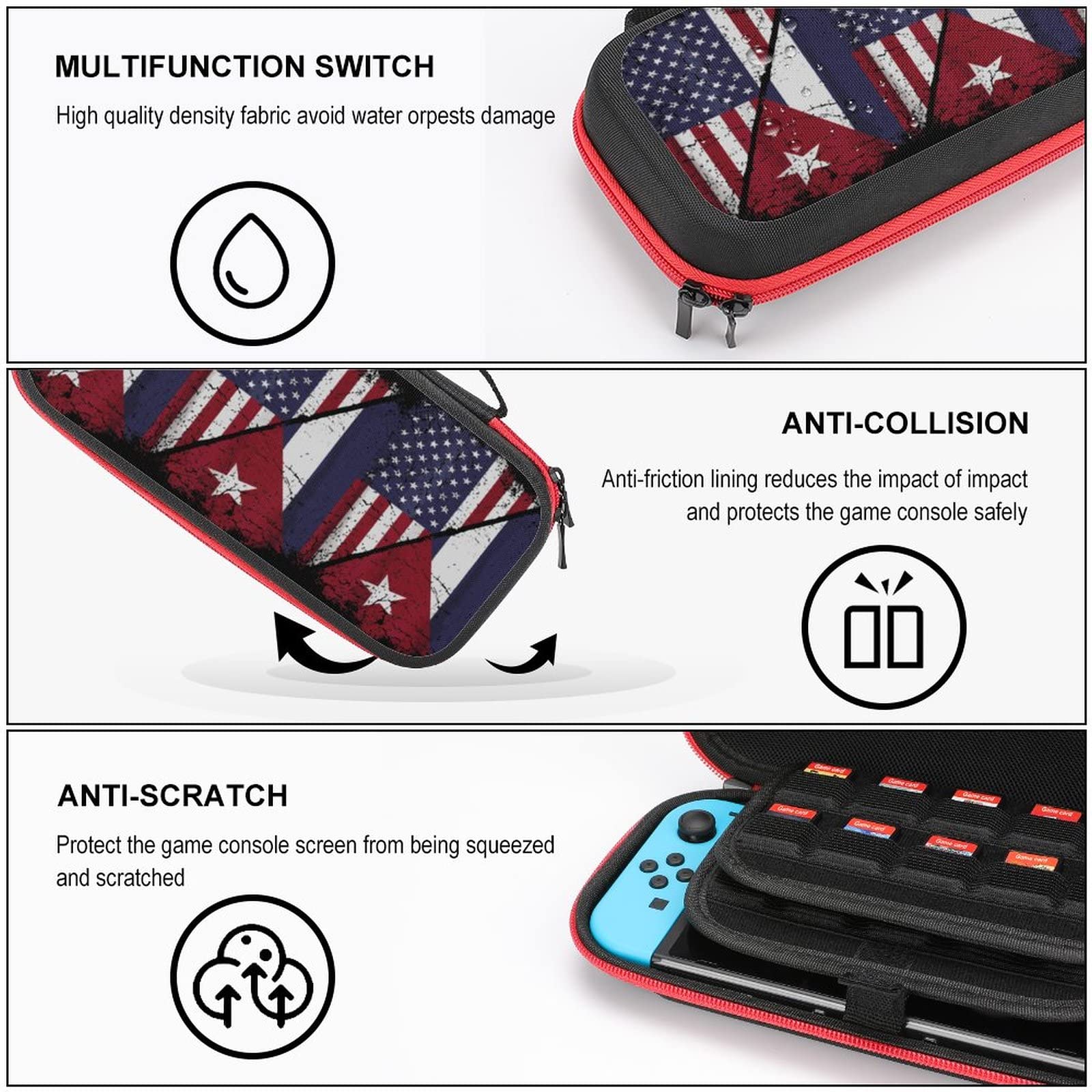 Cuban and American Flag Nintendo Switch Carrying Case - Portable Travel Cover with 20 Game Card Slots - Compatible with Switch/Switch OLED - Perfect for Gaming on the Go, Travel Protection, and Game Storage
